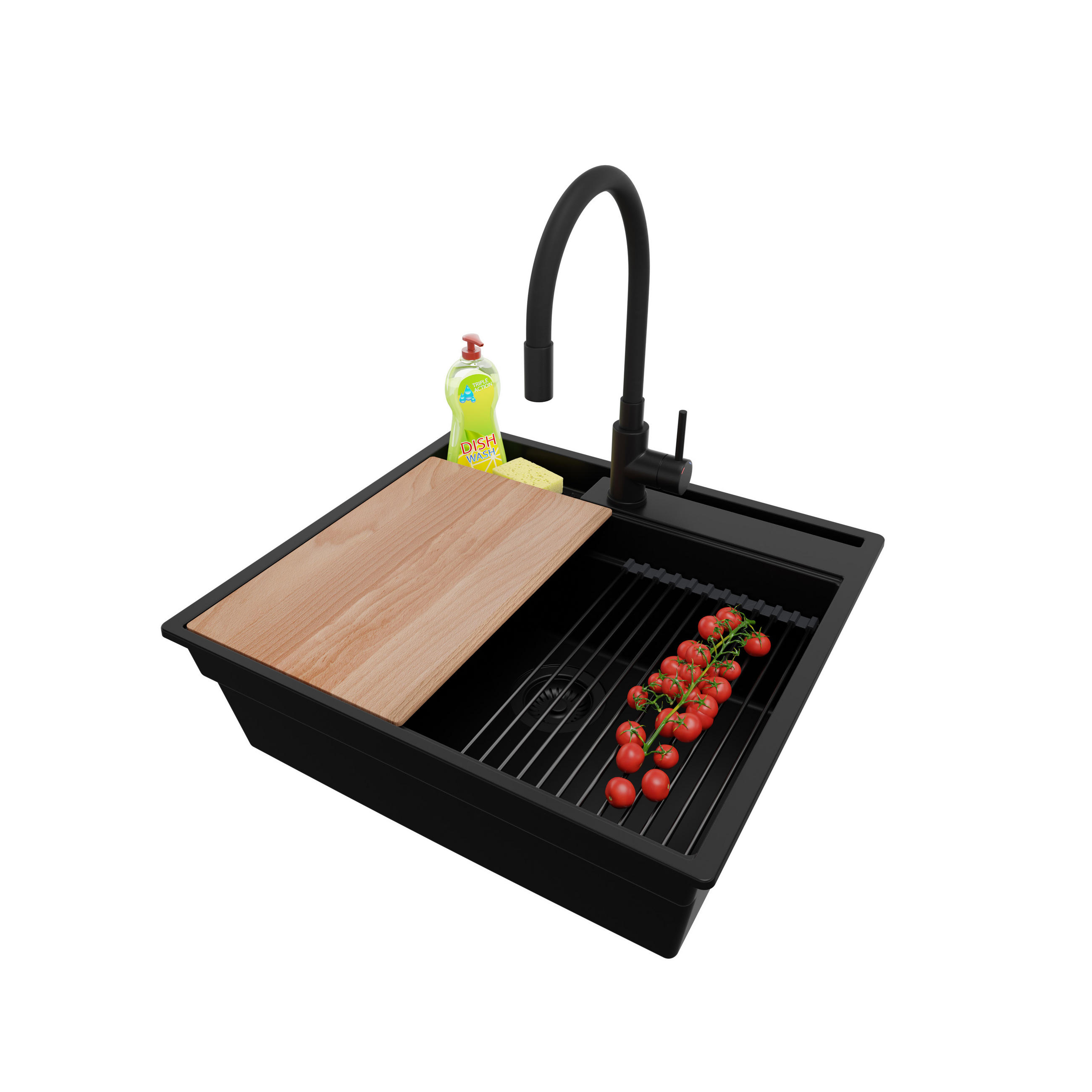 GRANITSPÜLE Oslo Pocket, 2-er set Alles Schwarz 58/53 cm 1 Becken + Küchenarmatur 40/38 cm + Ablauf-Set + Küchenzubehörset ab 60er Unterschrank - Beige/Schwarz, Kunststoff (58/20/53cm) - Primagran