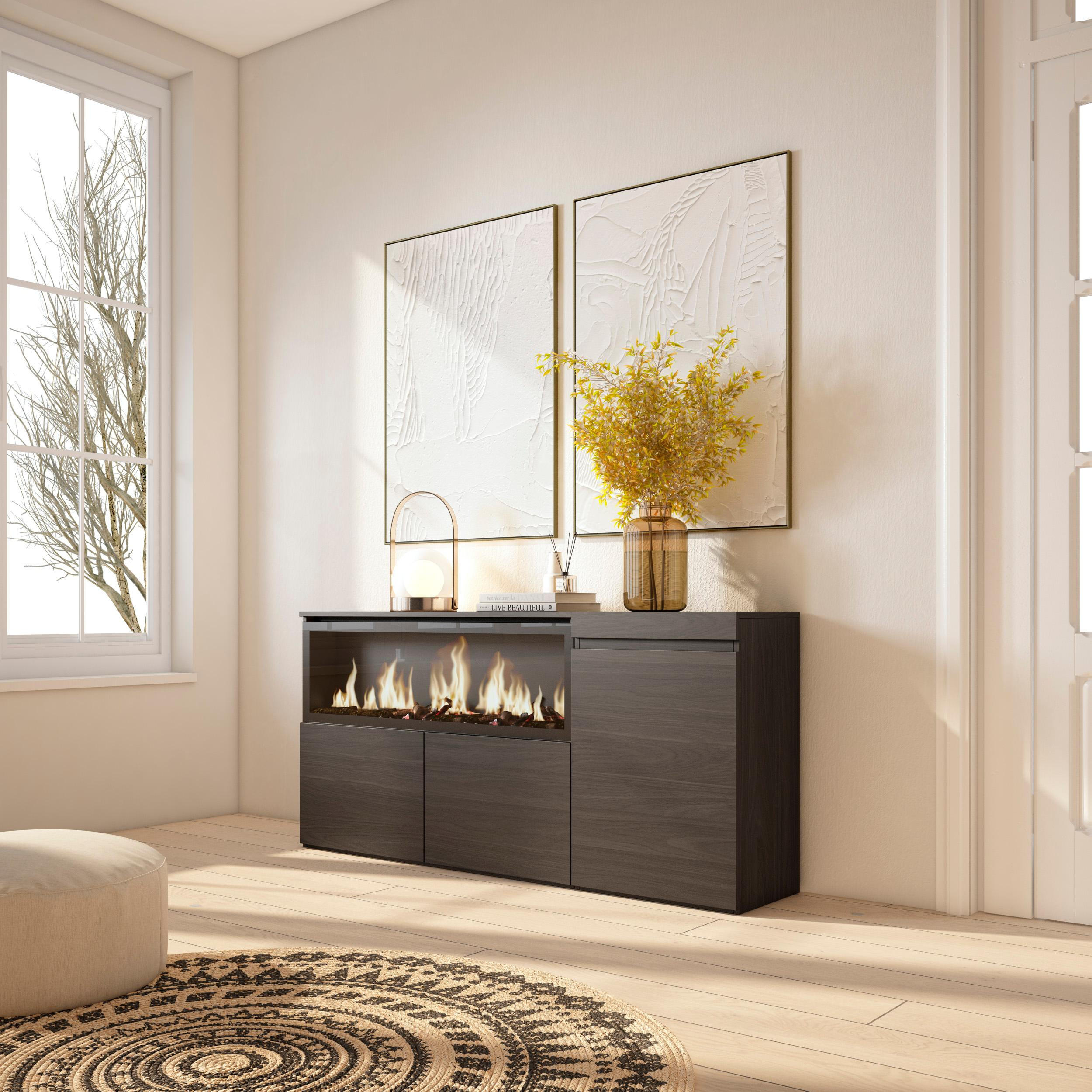 SIDEBOARD Highboard, Elektrokamin XXL, schwarz, 158/35/75cm - Multicolor/Schwarz, Holzwerkstoff (158/75/35cm) - Skraut Home