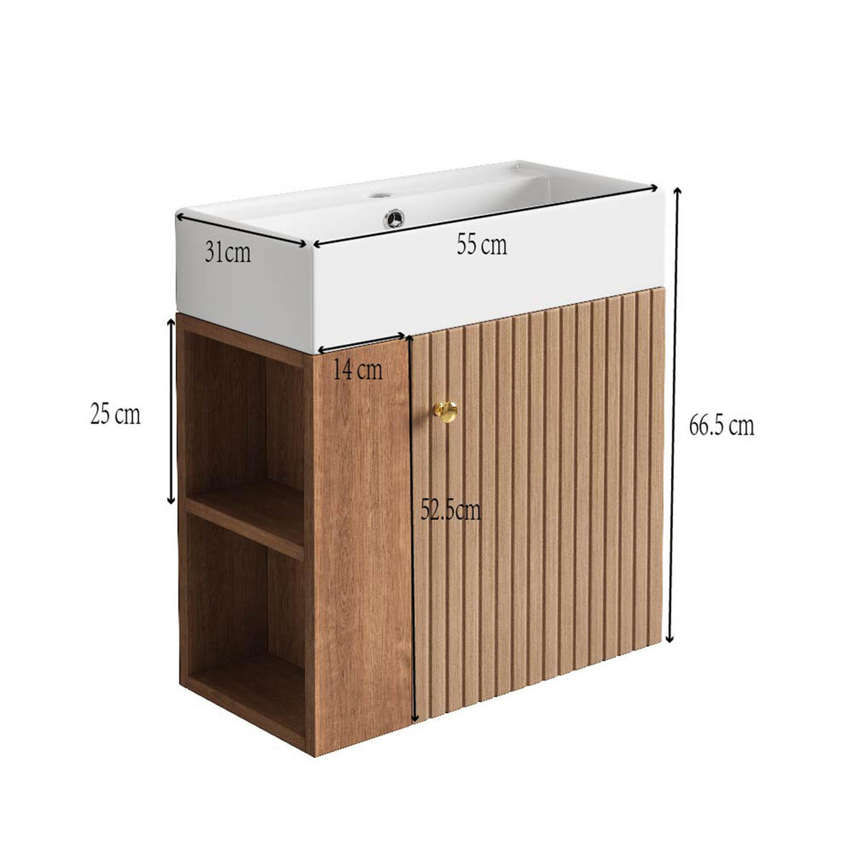 BADEZIMMERSCHRANK 55x31x66.5 cm Braun & Weiß aus Kunststoff mit Keramikbecken & 3D-Paneel - Braun, Holzwerkstoff (55/66.5/31cm) - Modfu