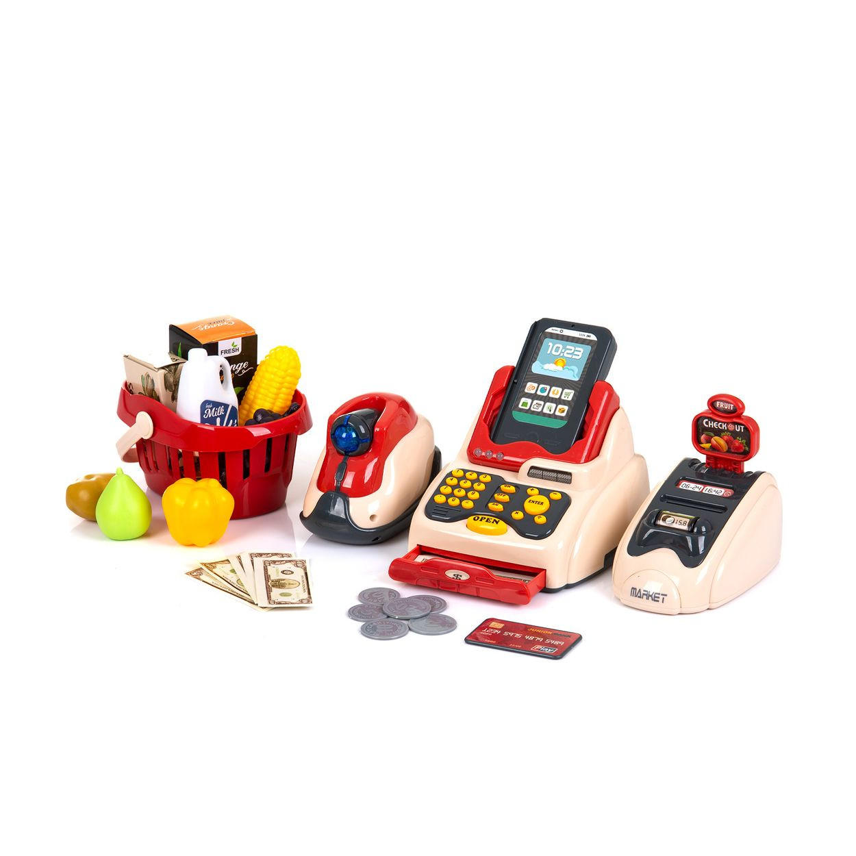 REGISTRIERKASSE 24-teilig rot Scanner, Kartenleser, Einkaufskorb, Lebensmittel, inklusive Spielgeld - Rot, Kunststoff (16/12/35cm) - Chipolino