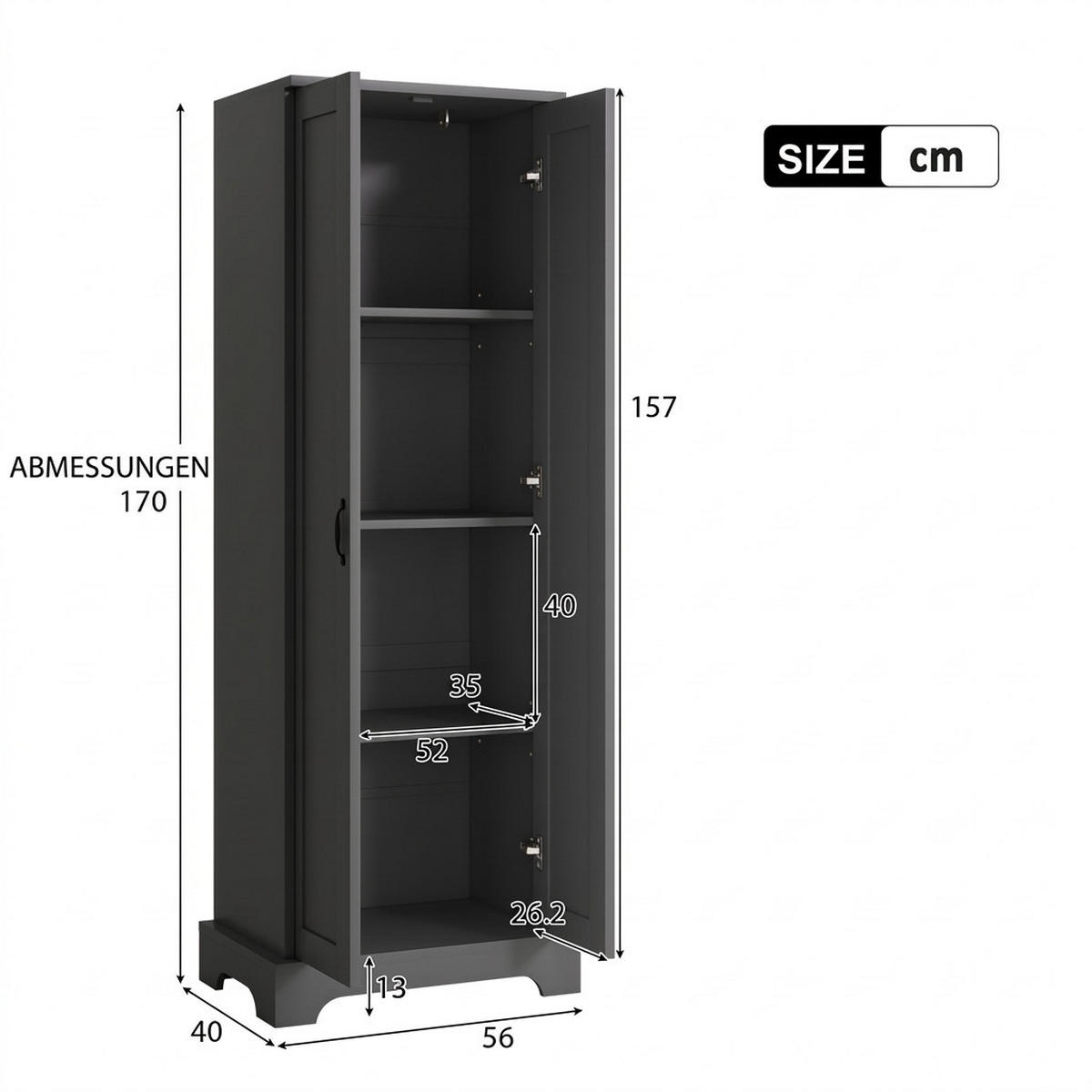HOCHSCHRANK 56/40/170 cm Schwarz mit Doppeltüren und 4 Ablageflächen - Schwarz, Holz/Holzwerkstoff (40/170/56cm) - Oxeza
