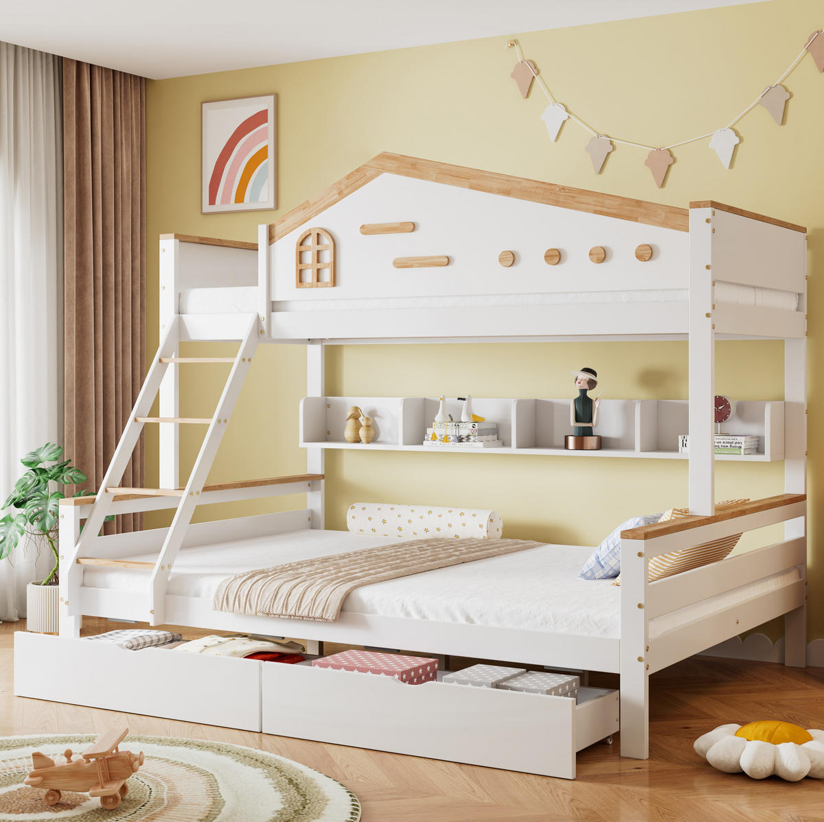ETAGENBETT 90/200 cm und 140/200 cm Weiß+Natur mit zwei Schubladen und Sicherheitsgitter - Weiß, Holzwerkstoff (90/200cm) - OKWISH