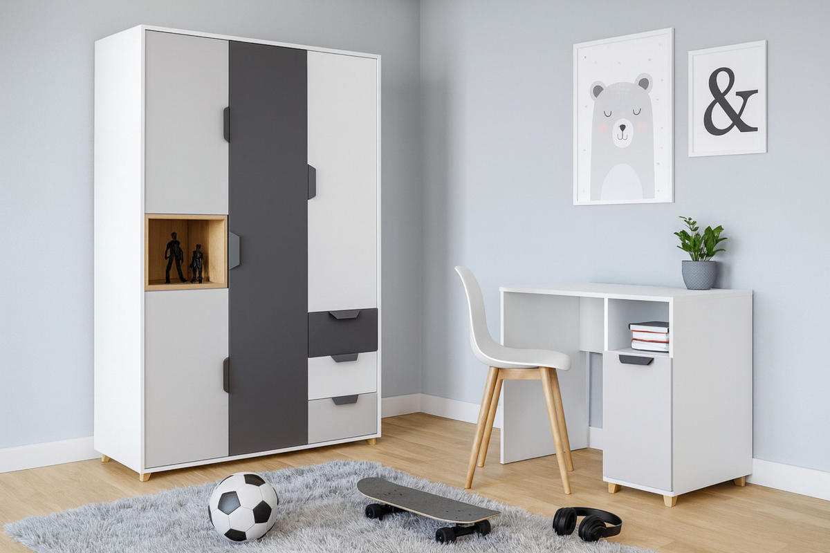 KINDERKLEIDERSCHRANK JUSTIN 01 120 cm breit in Weiß / Graphit / Grau / Eiche - Eichefarben/Graphitfarben, Holzwerkstoff (120/190/55cm) - Deine Möbel 24
