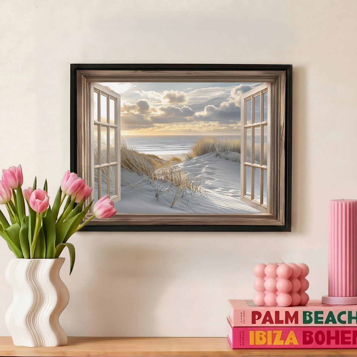 LEINWAND Bilder mit Rahmen - Ausblick - Strand - Dünen - Meer - Natur - 40x30 - Sandfarben, Textil (40/30cm) - MuchoWow