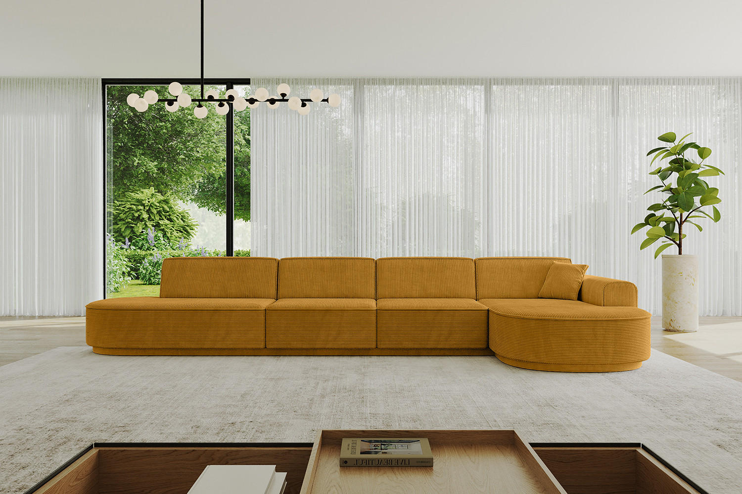 ECKSOFA Ottomane Rechts MARI-L3-v3 - 413x171x83 cm Senfgelb Cord - Gelb/Schwarz, Holzwerkstoff/Kunststoff (171/413cm) - ALTDECOR