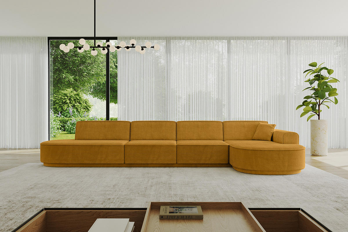 ECKSOFA Ottomane Rechts MARI-L3 - 402x163x81 cm Senfgelb Cord - Gelb/Schwarz, Holzwerkstoff/Kunststoff (402/163cm) - ALTDECOR