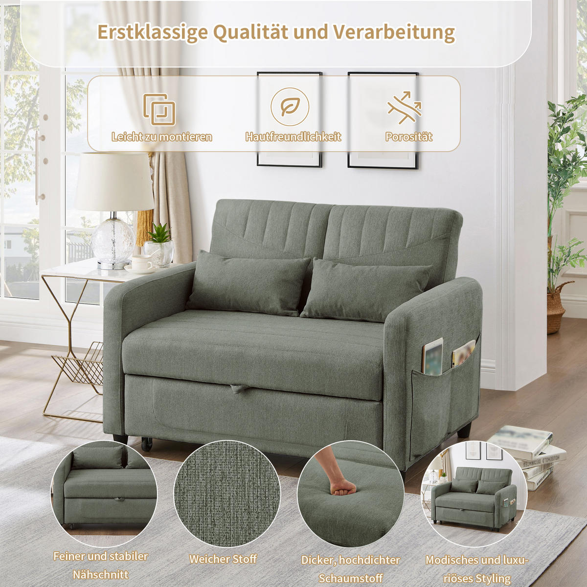 SOFABETT Baumwoll-Leinen mit ausziehbarer Schlaffunktion Olivgrün 114/77/82,5 cm - Olivgrün, Textil (77/82.5/114cm) - Redom