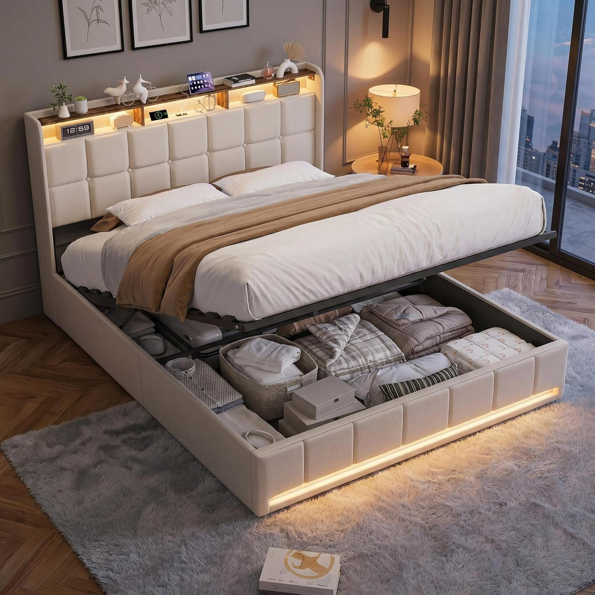 POLSTERBETT 140/200 cm Beige,Doppelbett mit Stauraum, LED und Ladestation - Beige, Holz/Textil (140/200cm) - PARAFTA HOME