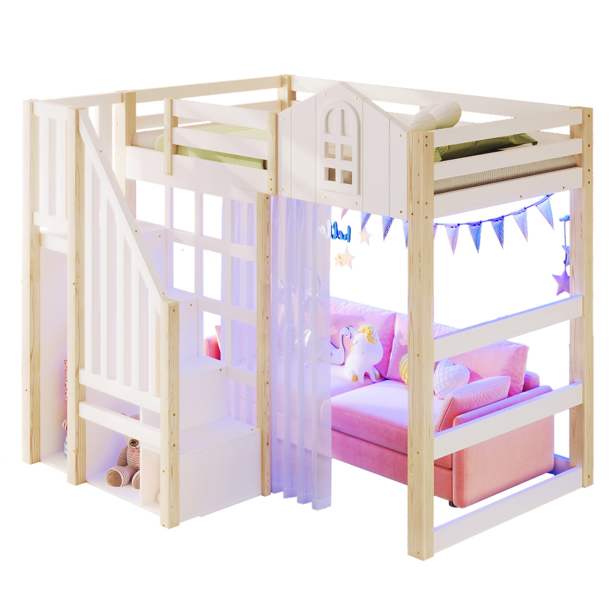 HOCHBETT 90/200 cm in Weiß/Natur – mit Rausfallschutz, LED und Ablageleiter - Weiß, Holz (90/200cm) - BEAOK