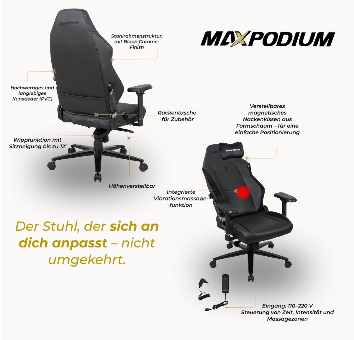 GAMING-BÜROSTUHL Heavy SMI Schwarz - Schwarz, Metall (55/137/49cm) - MaxPodium