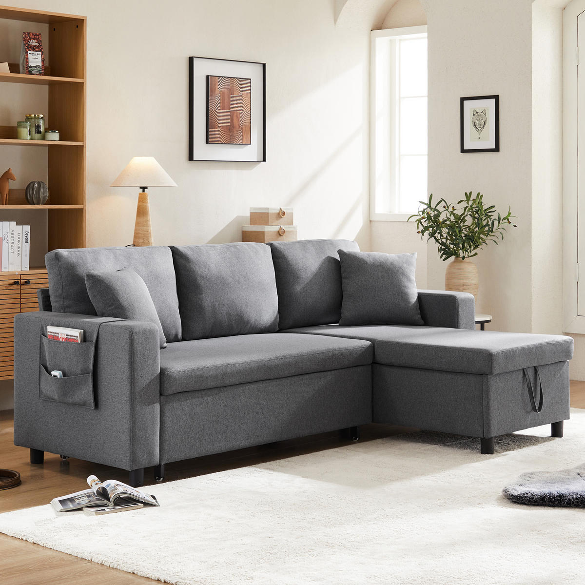 SCHLAFSOFA L-Form mit Stauraum und wechselbarer Chaiselongue - Dunkelgrau, Textil (219.5/83/142.5cm)
