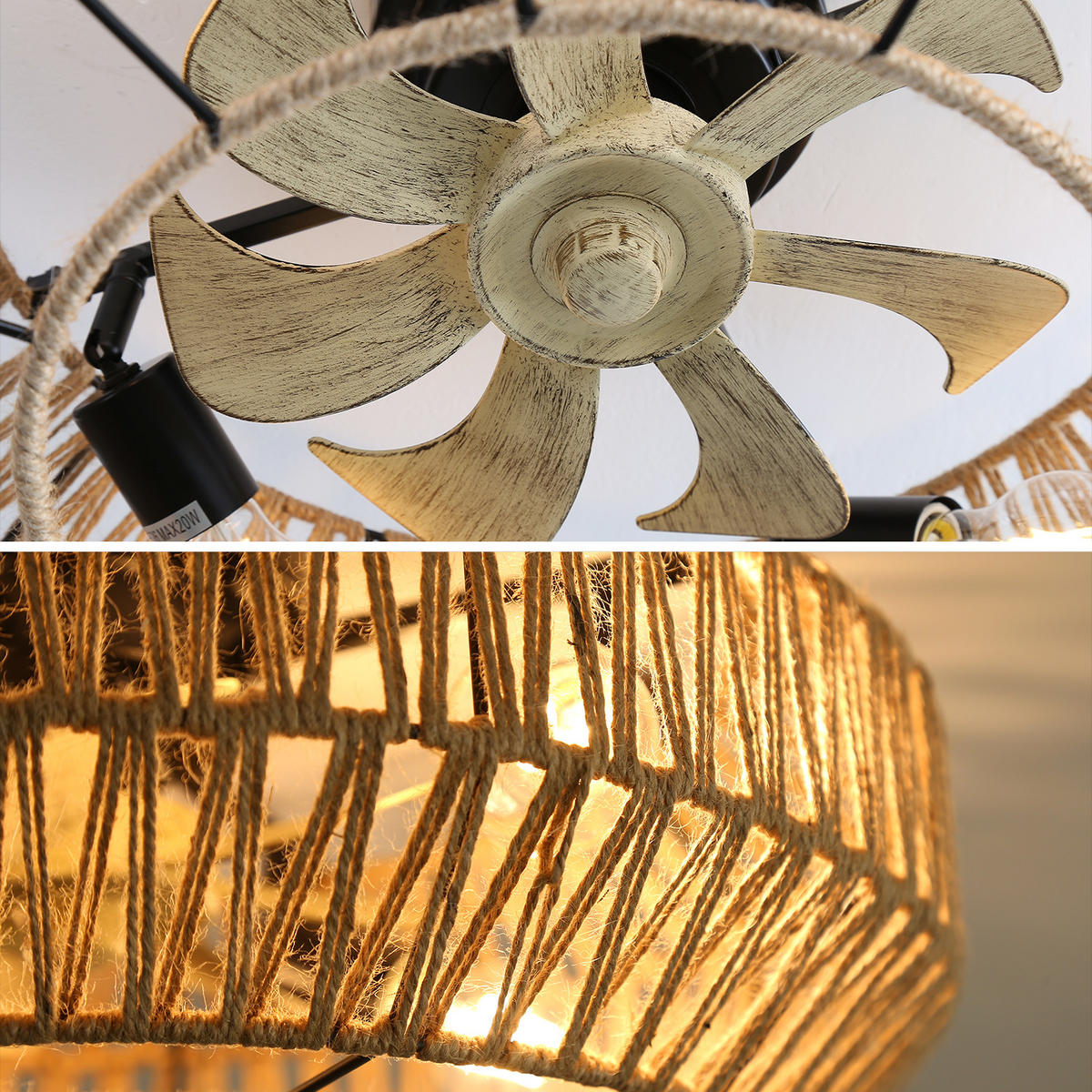 DECKENVENTILATOR DE-16356 56 cm Boho-Käfig mit Rattan Schwarz - Naturfarben, Kunststoff (56/56/25cm) - ComfortXL