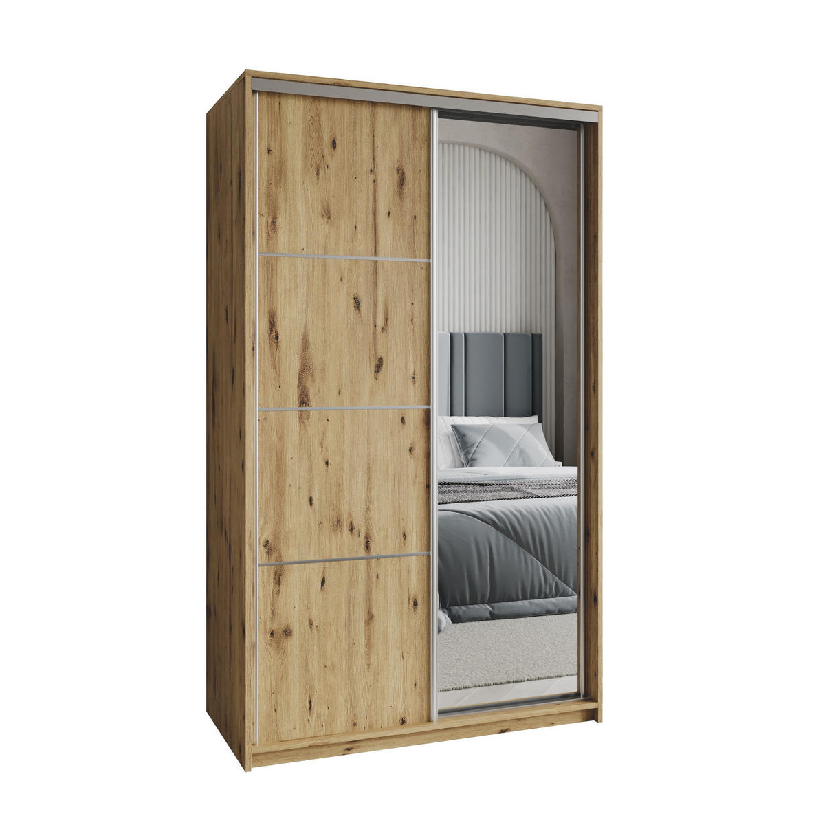 SCHWEBETÜRENSCHRANK VARO 120/205/60 cm 2-türig mit Spiegel Eiche Artisan - Eiche Artisan, Holzwerkstoff (120/205/60cm) - MASSENO