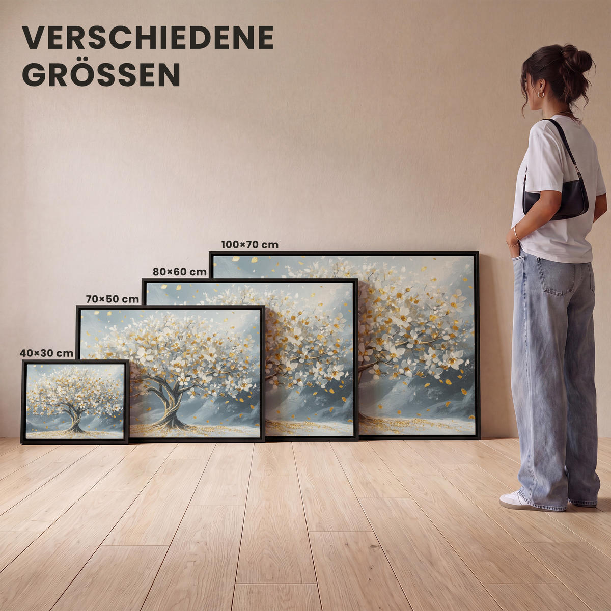 LEINWAND Bilder mit Rahmen - Baum - Winter - Baum des Lebens - Modern - Gold - 80x60 - Goldfarben, Textil (80/60cm) - MuchoWow
