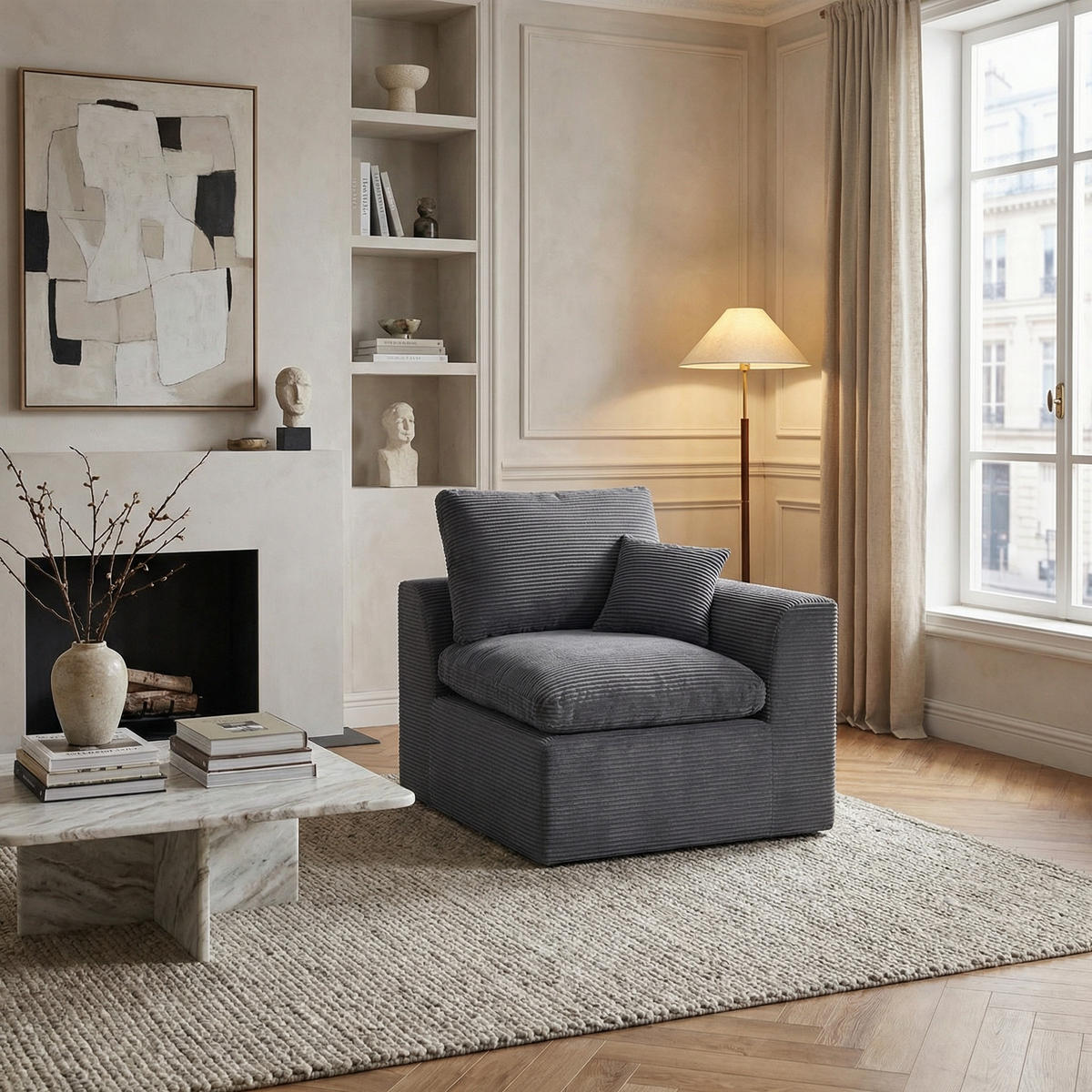 SESSEL Cord-Sofa mit Federkern-Polsterung und Kissen, Montagefrei - Dunkelgrau, Textil (101/84/102cm) - Urban Meuble