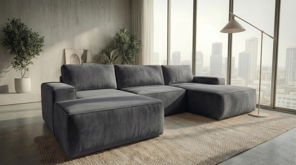 ECKSOFA EINAR 362 cm x 170 cm – Stoff: VELUTTO Anthracite 18 Farbe: Dunkelgrau - Dunkelgrau, Textil (362/170cm) - A&J MöbelLand