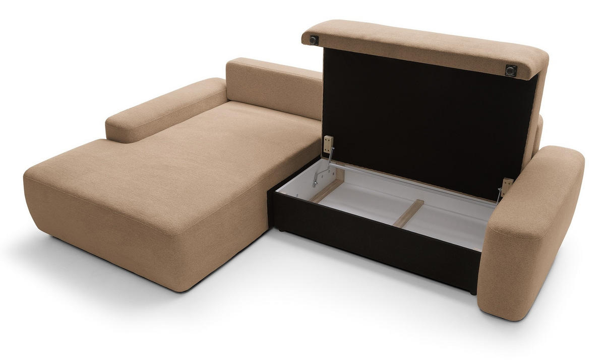 ECKCOUCH mit Schlaffunktion Orea M, 265 cm, Bettkasten, Links, Braun - Braun, Holz (264/162cm) - Emporius