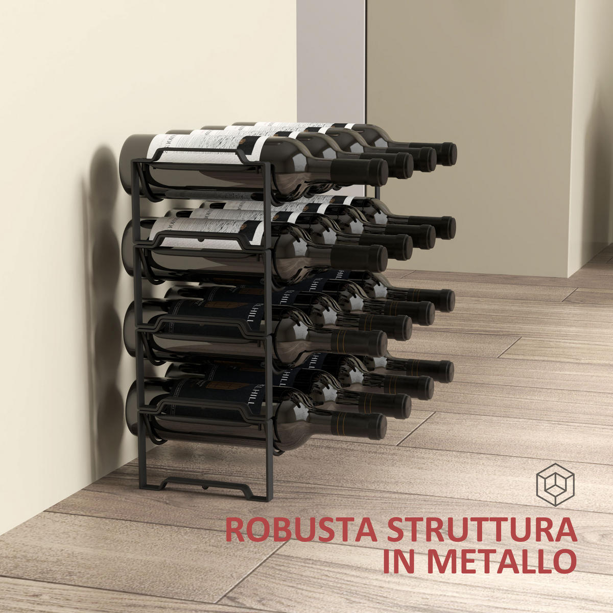 WEINREGAL, 4-stöckig, Wellenform, 16 Flaschen, Metall, schwarz, 42,5x16,5x41cm - Multicolor, Metall (42.5/41/16.5cm) - FORIOUS