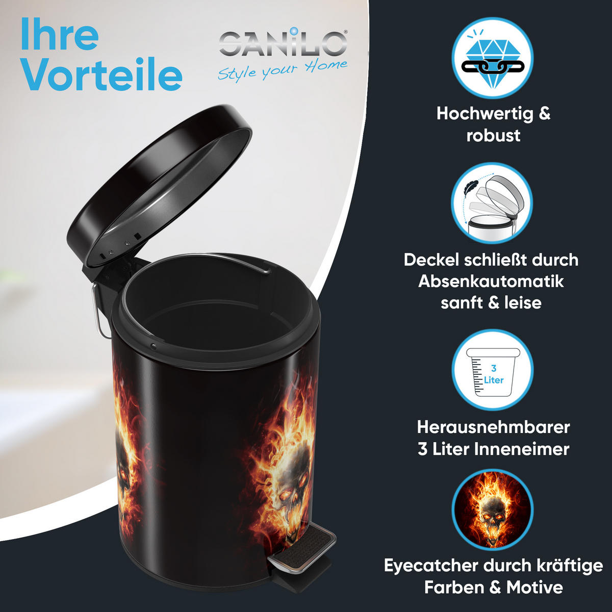 KOSMETIKEIMER Totenkopf in Flammen - Gelb/Rot, Kunststoff/Metall (17/25/25cm) - Sanilo