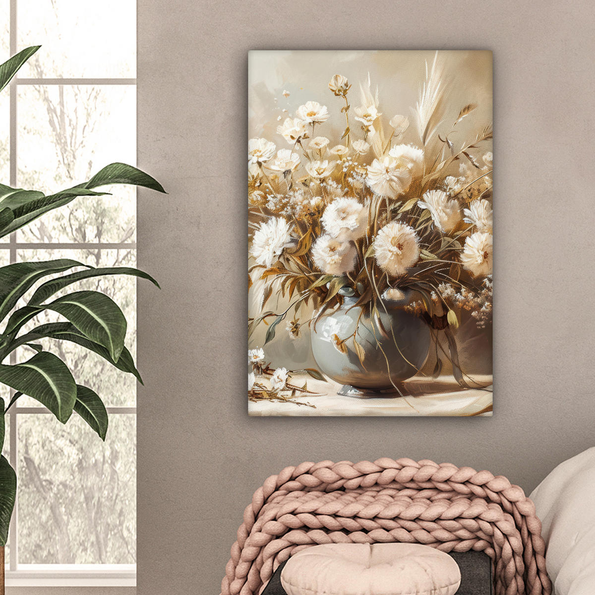 LEINWANDBILD Blumen - Vase - Stilleben - Beige 40x60 cm - Creme, Textil (40/60cm) - MuchoWow
