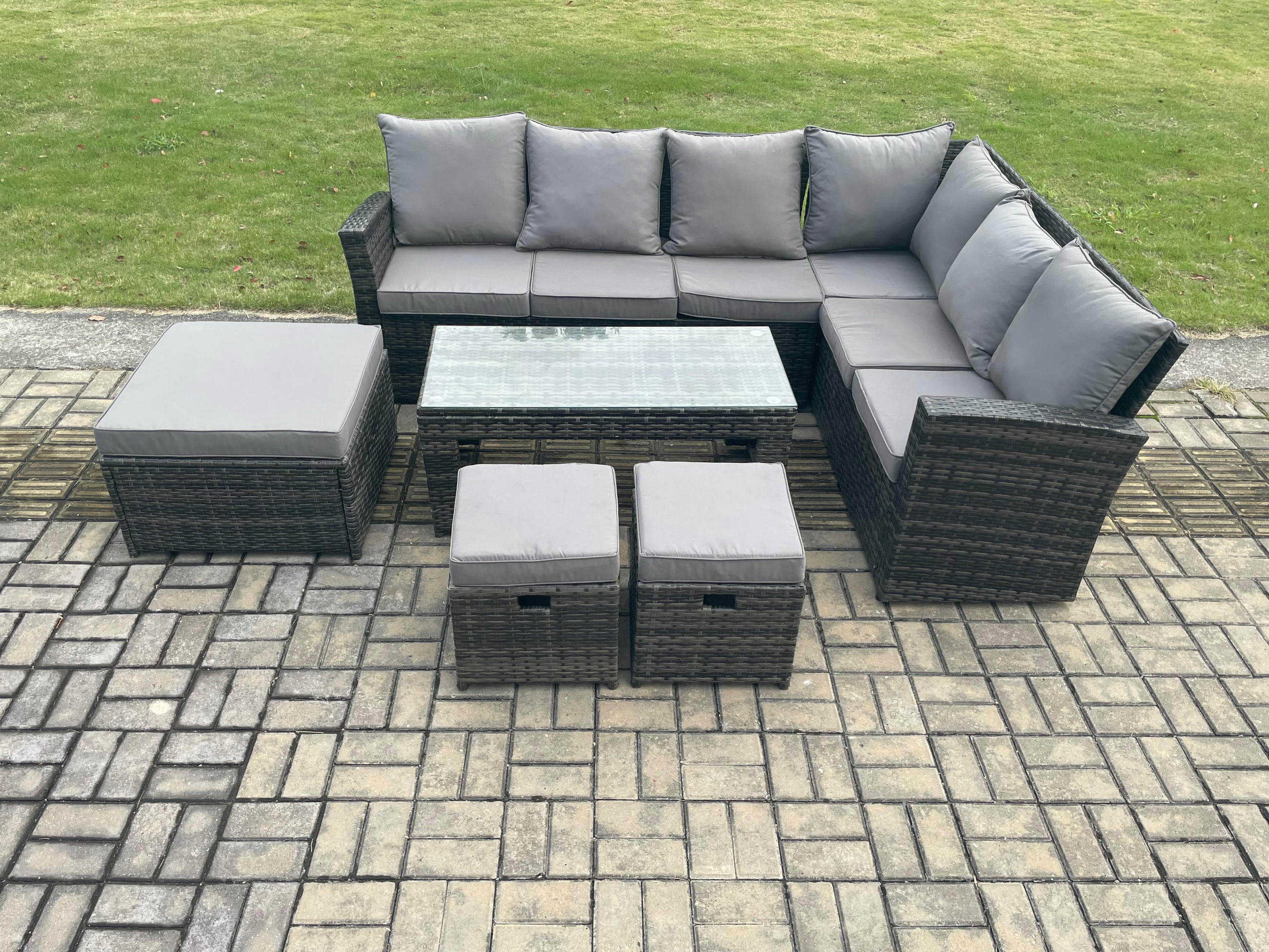 GARTENSOFA SET Hohe Rückenlehne Polyrattan Dunkelgrauer Mix 9-Sitzer - Dunkelgrau/Grau, Glas/Kunststoff - Fimous