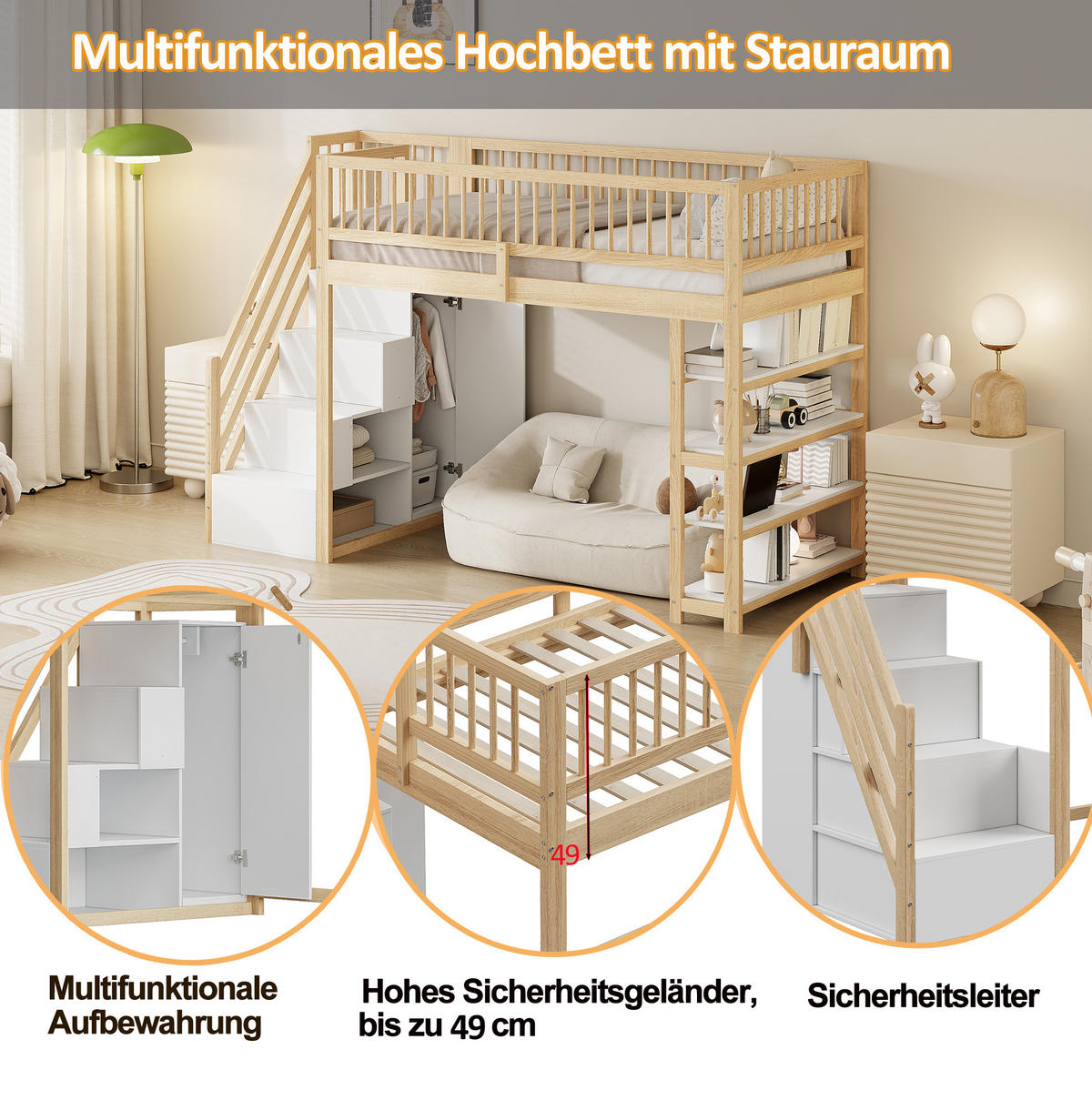 HOCHBETT 90/200 cm aus Massivholz mit Kleiderschrank und Regalen Holzfarben - Naturfarben, Holz (90/200cm) - Modenvie