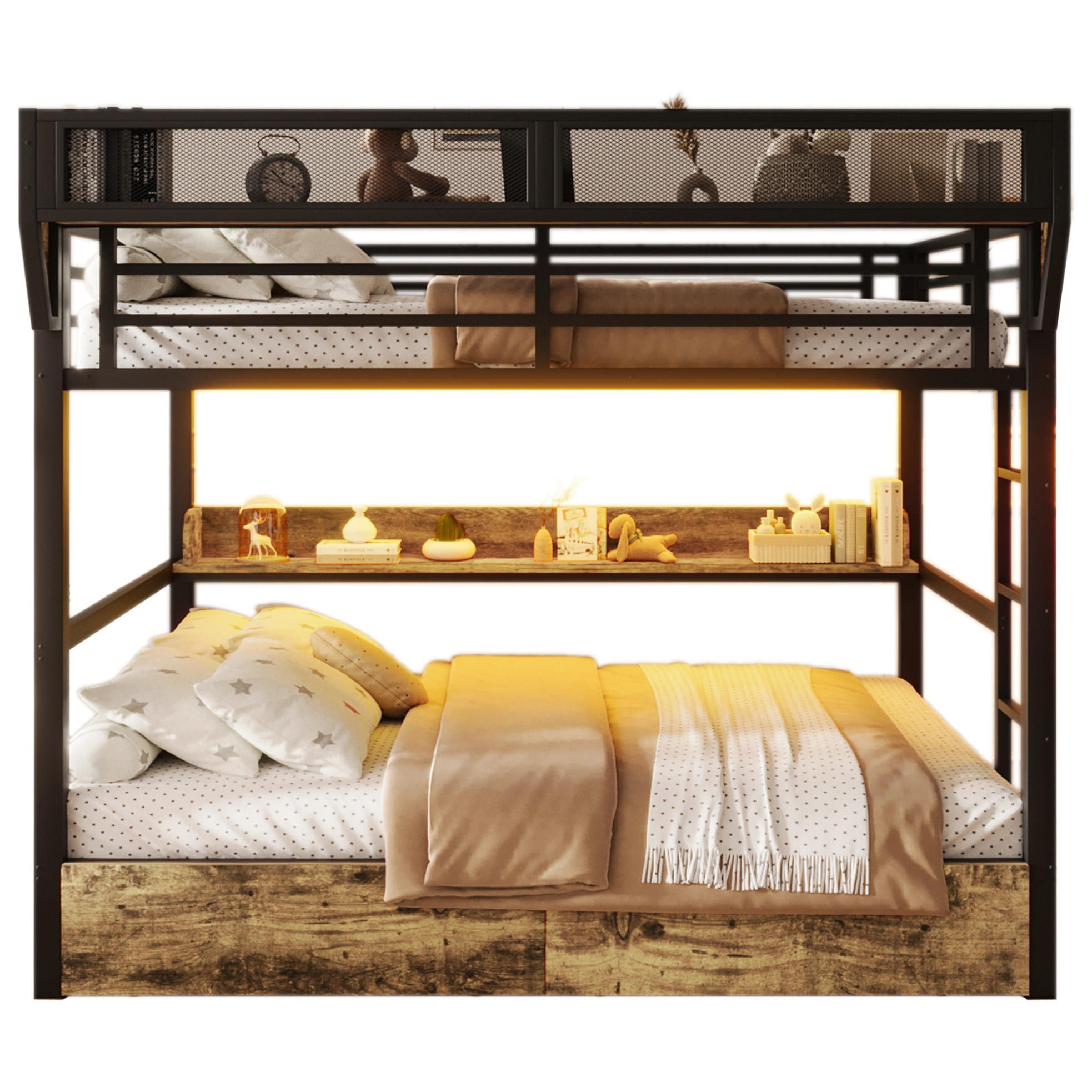 ETAGENBETT 140/200 cm aus MDF und Metall mit LED-Licht, Schwarz - Schwarz, Metall (140/200cm) - OKMYHOME