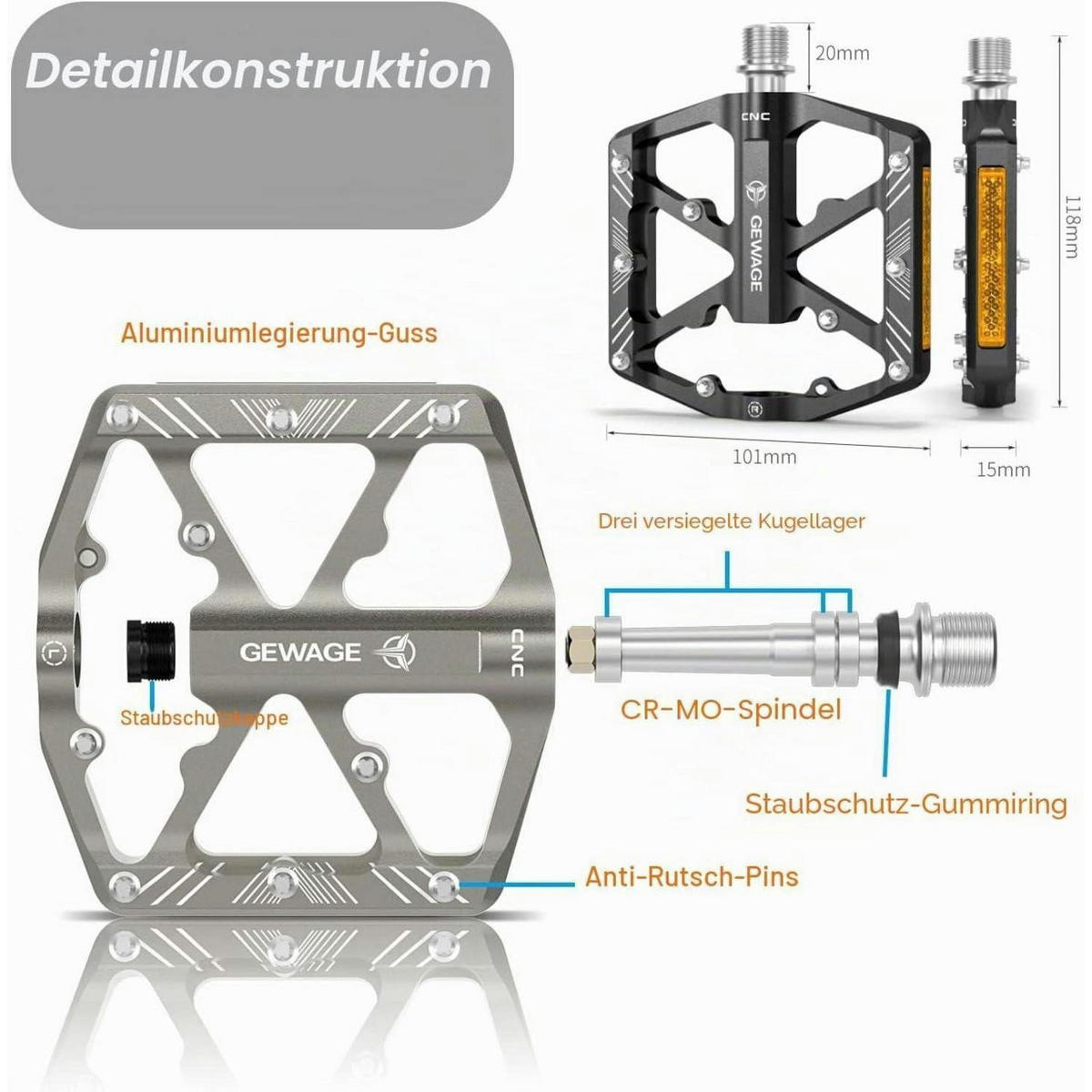FAHRRADPEDALE Aluminium CNC mit Reflektoren Silber - Silberfarben, Metall (10.1/1.5/11.8cm)