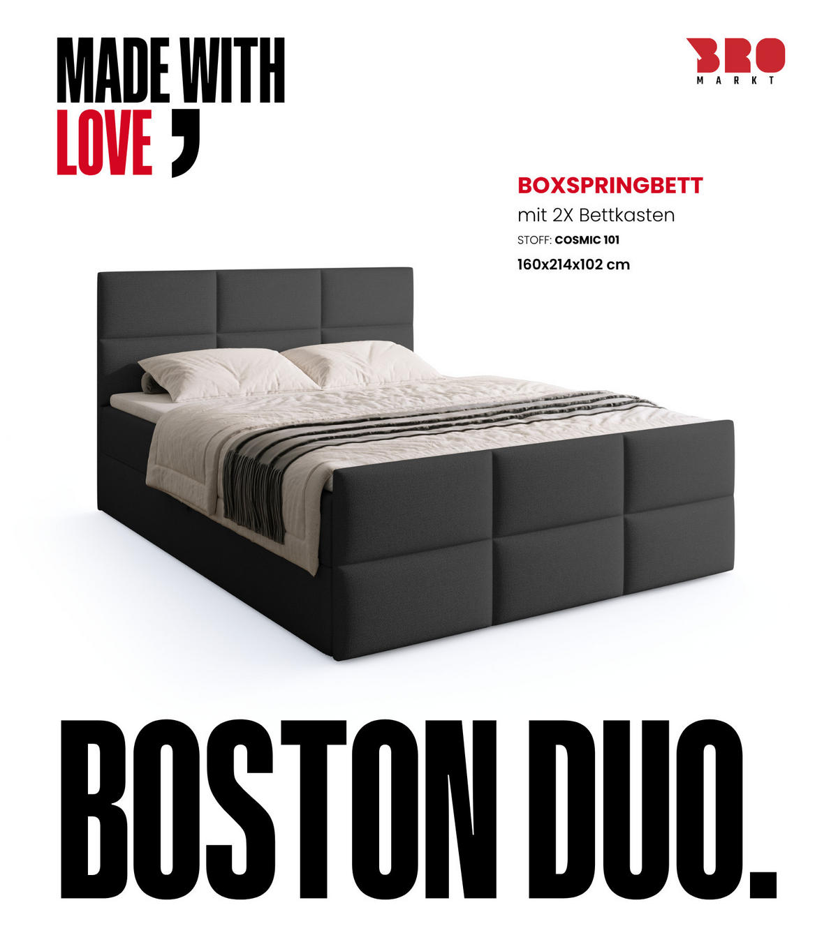 BOXSPRINGBETT Boston Duo Mit Bettkasten, Topper und Matratze Graphit Cosmic 101 160x200 cm - Graphitfarben/Schwarz, Textil (160/200cm) - Bromarkt