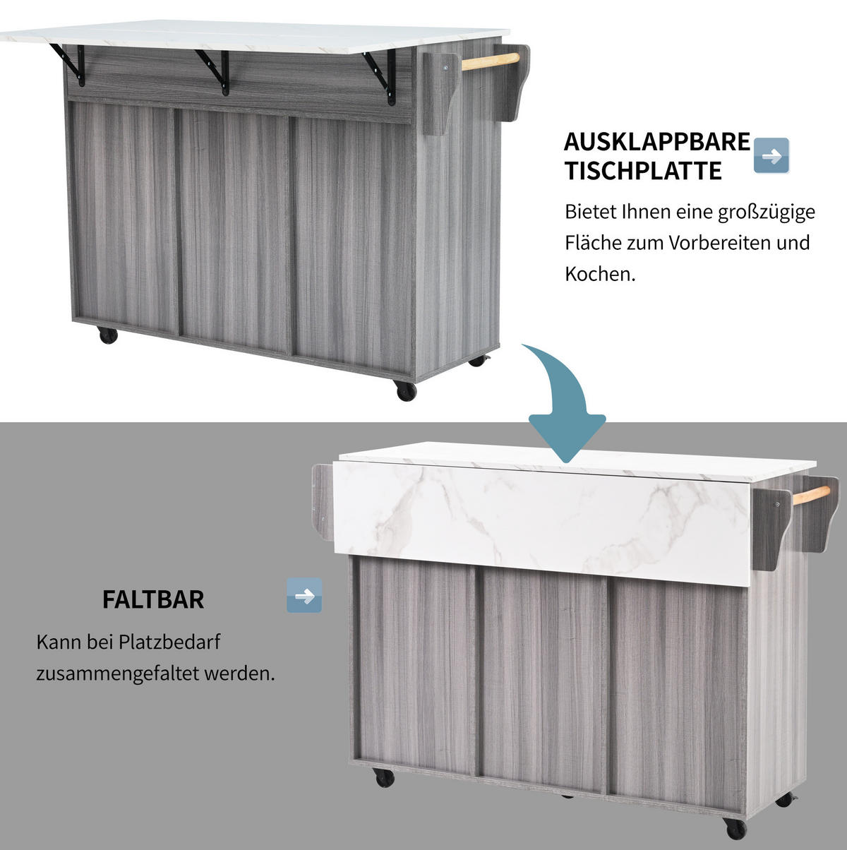 KÜCHENINSEL 139/46(71)/91,5 cm grau mit Klappplatte - Grau, Holzwerkstoff (139/91.5/71cm) - OKWISH