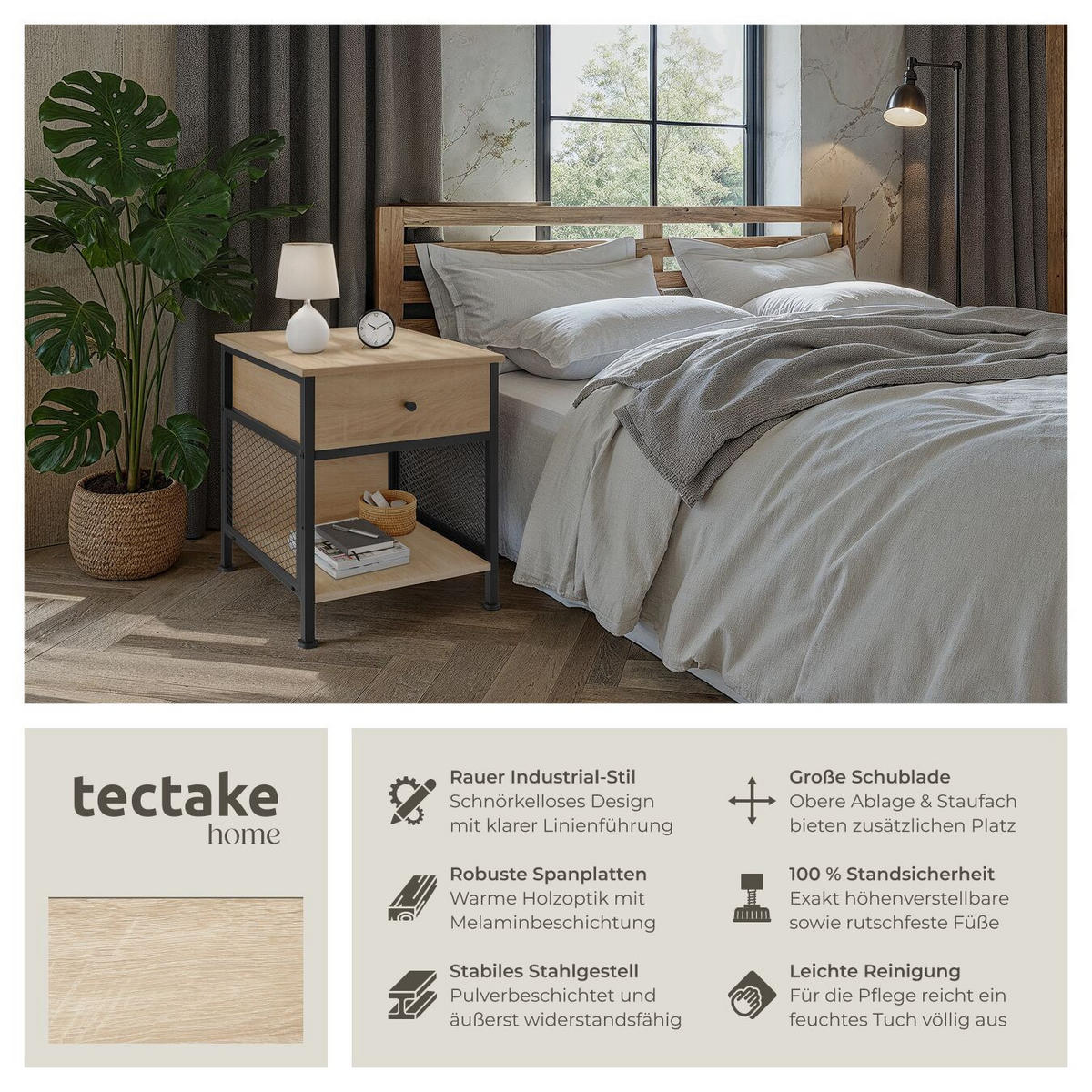 NACHTSCHRANK Killarney, 45 x 46 x 55,5 cm, Industrial Holz hell, Eiche Sonoma - Naturfarben, Holzwerkstoff (45/55.5/46cm) - tectake