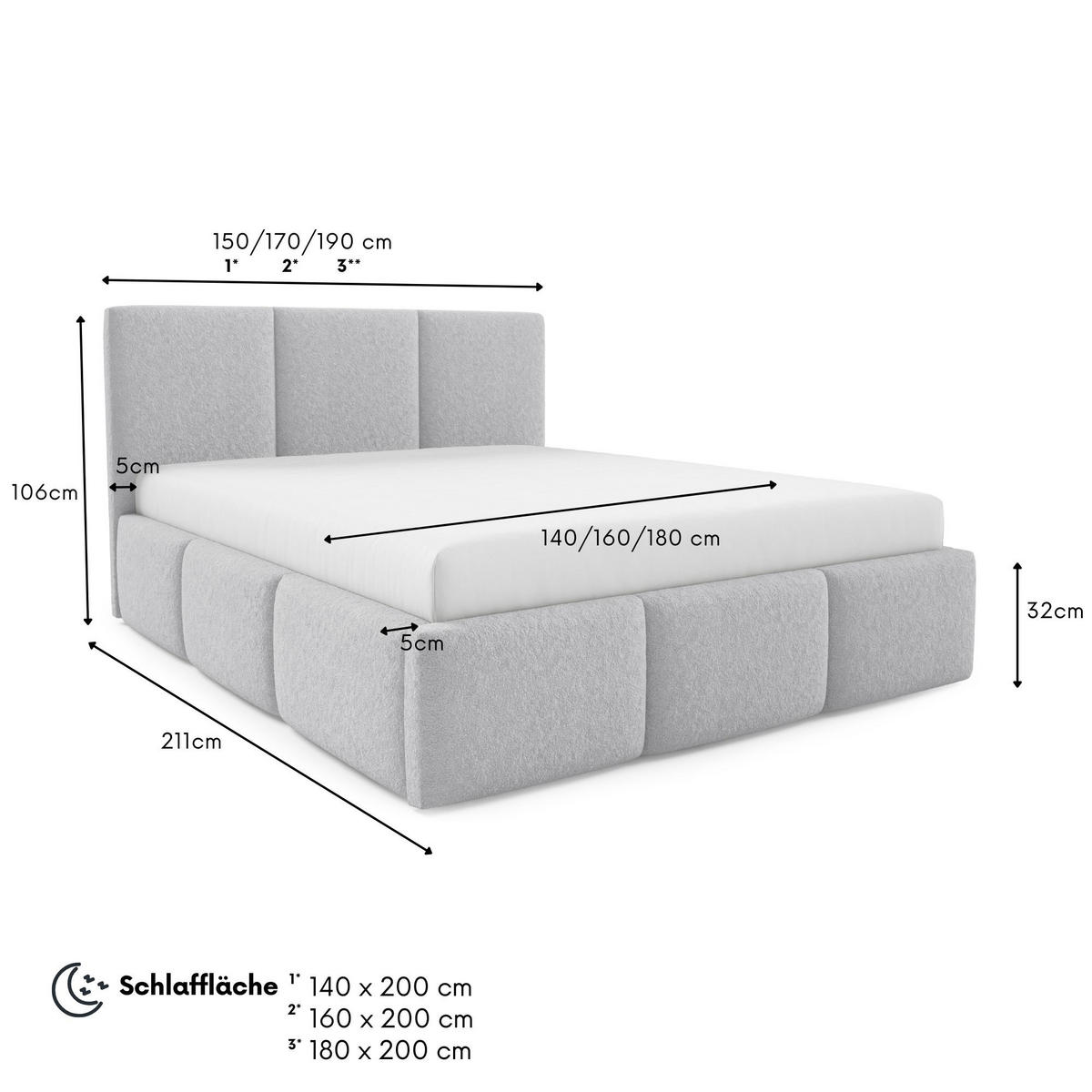 POLSTERBETT VALERIO mit Bettkasten, Bett 180x200,Doppelbett,Lattenrost,Boxspringbett-Optik,ohne Matratze,Schlafzimmer-Grau - Grau, Holz (180/200cm) - Furnistar
