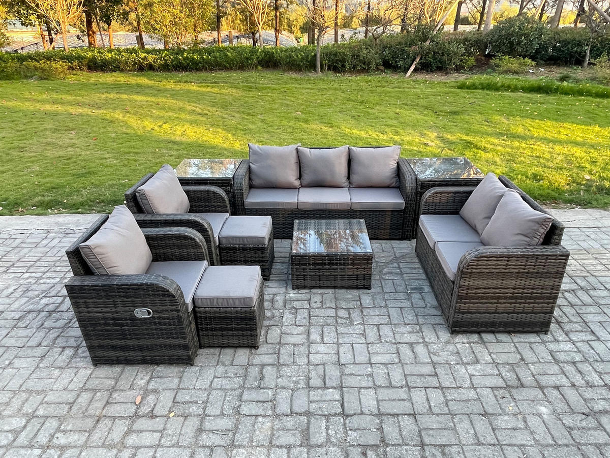 GARTENSOFA SET mit Couchtisch Polyrattan Dunkelgrau 9-teilige - Dunkelgrau/Grau, Glas/Kunststoff - Fimous