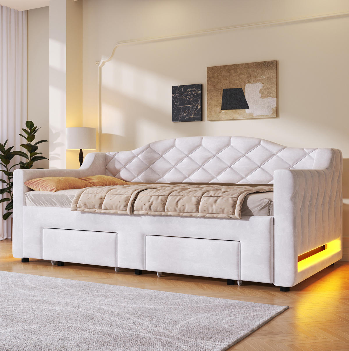 DENNÁ posteľ 90/200 cm biela rozkladacia na 180/200 cm s LED a zásuvkami z MDF, preglejky a zamatu - biela, textil (90/200cm) - OKWISH