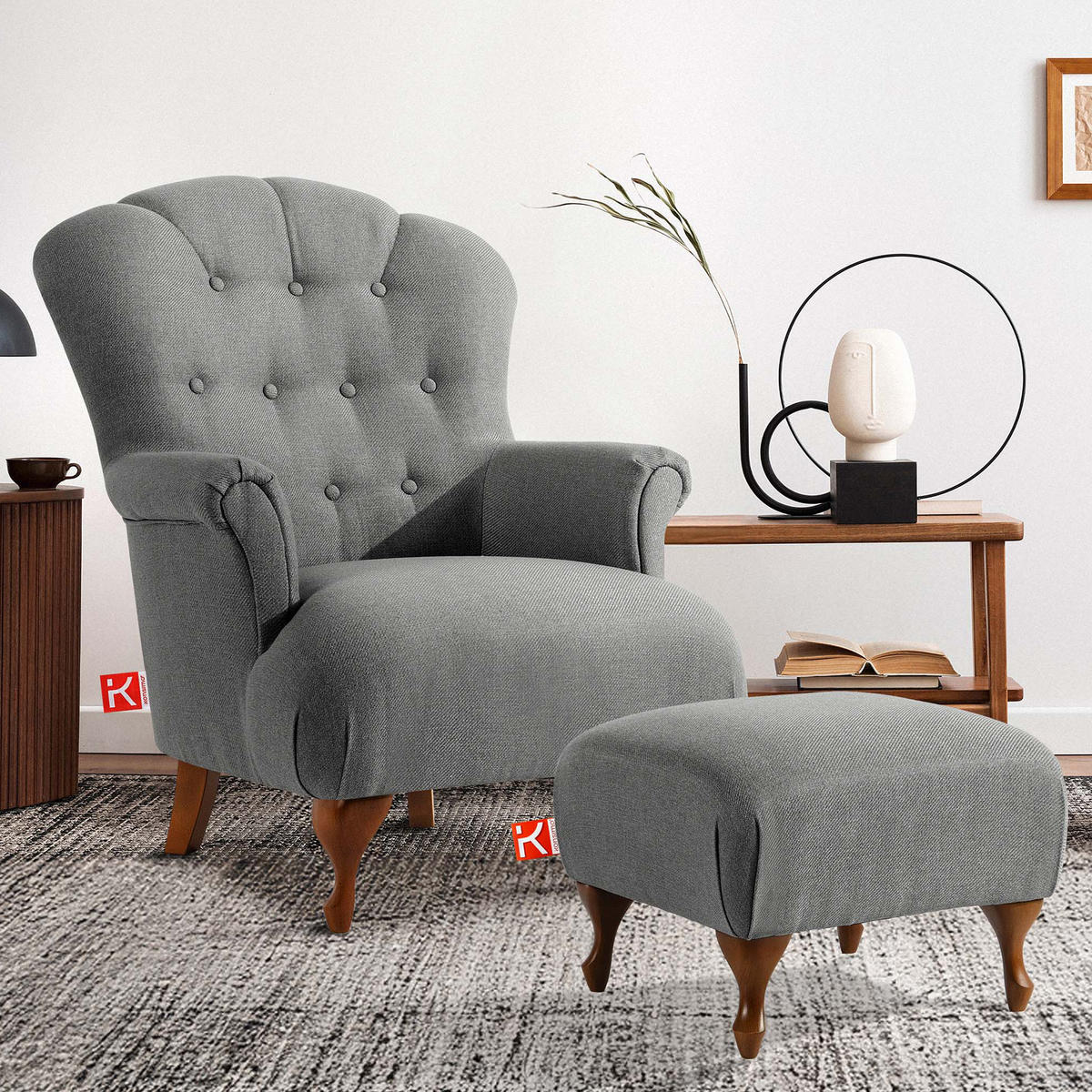 FUẞSTÜTZE TOMIS, Esche - Hellgrau/Braun, Eichenholz/Holz (50/40/50cm) - KONSIMO®
