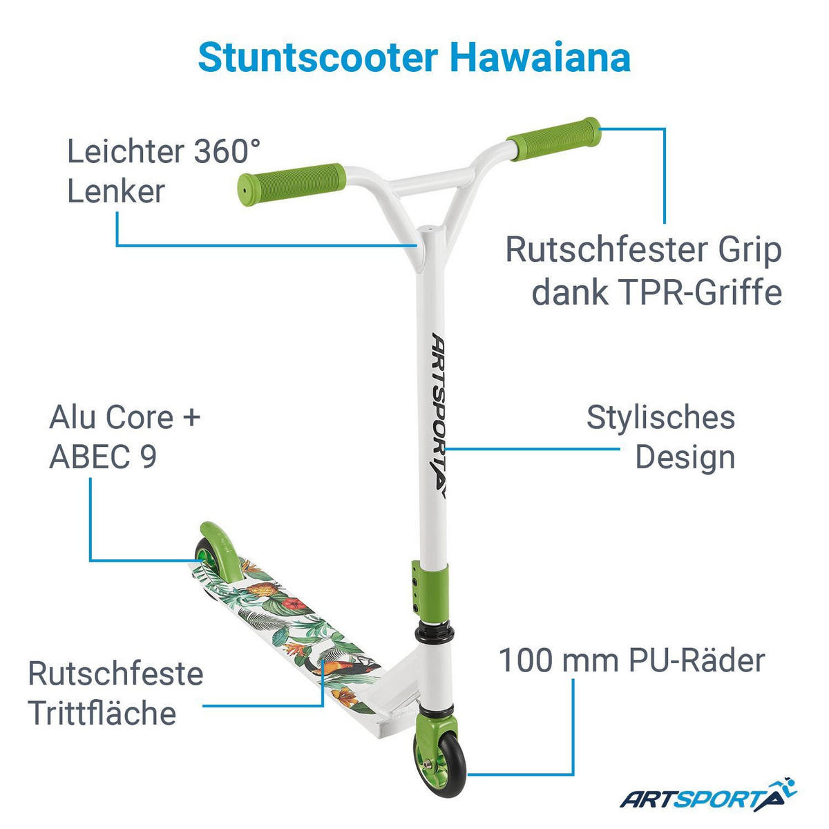 STUNTSCOOTER Hawaiana - Grün, Metall (66/47/84cm) - Artsport
