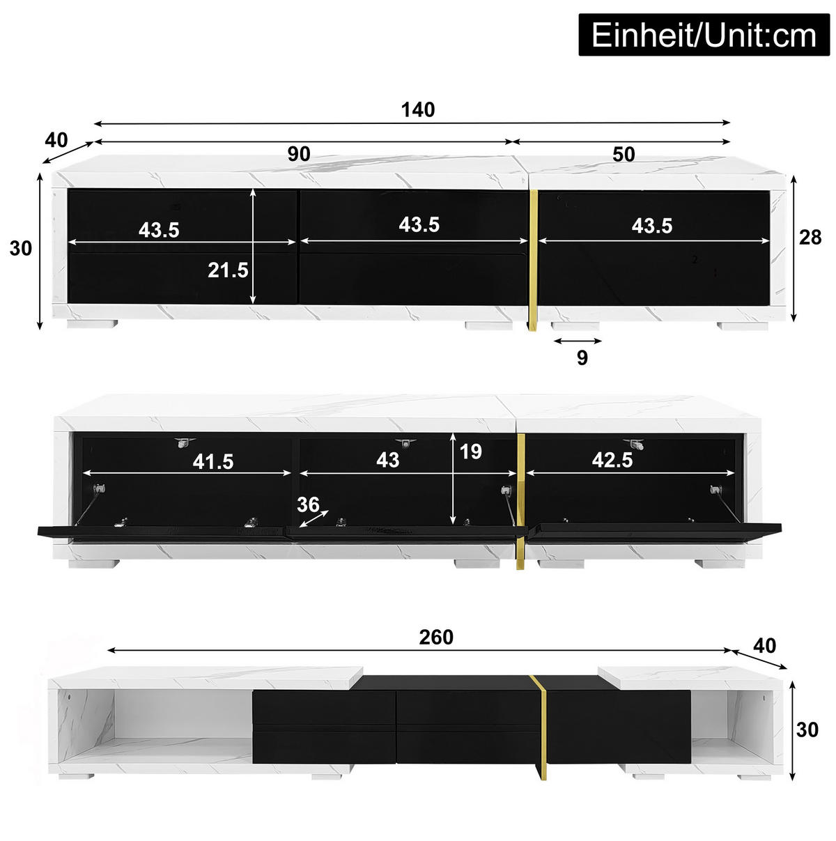 TV-SCHRANK drehbar 140-260 cm Marmoroptik Schwarz/Weiß - Schwarz, Holzwerkstoff (40/30/260cm) - Beauniv