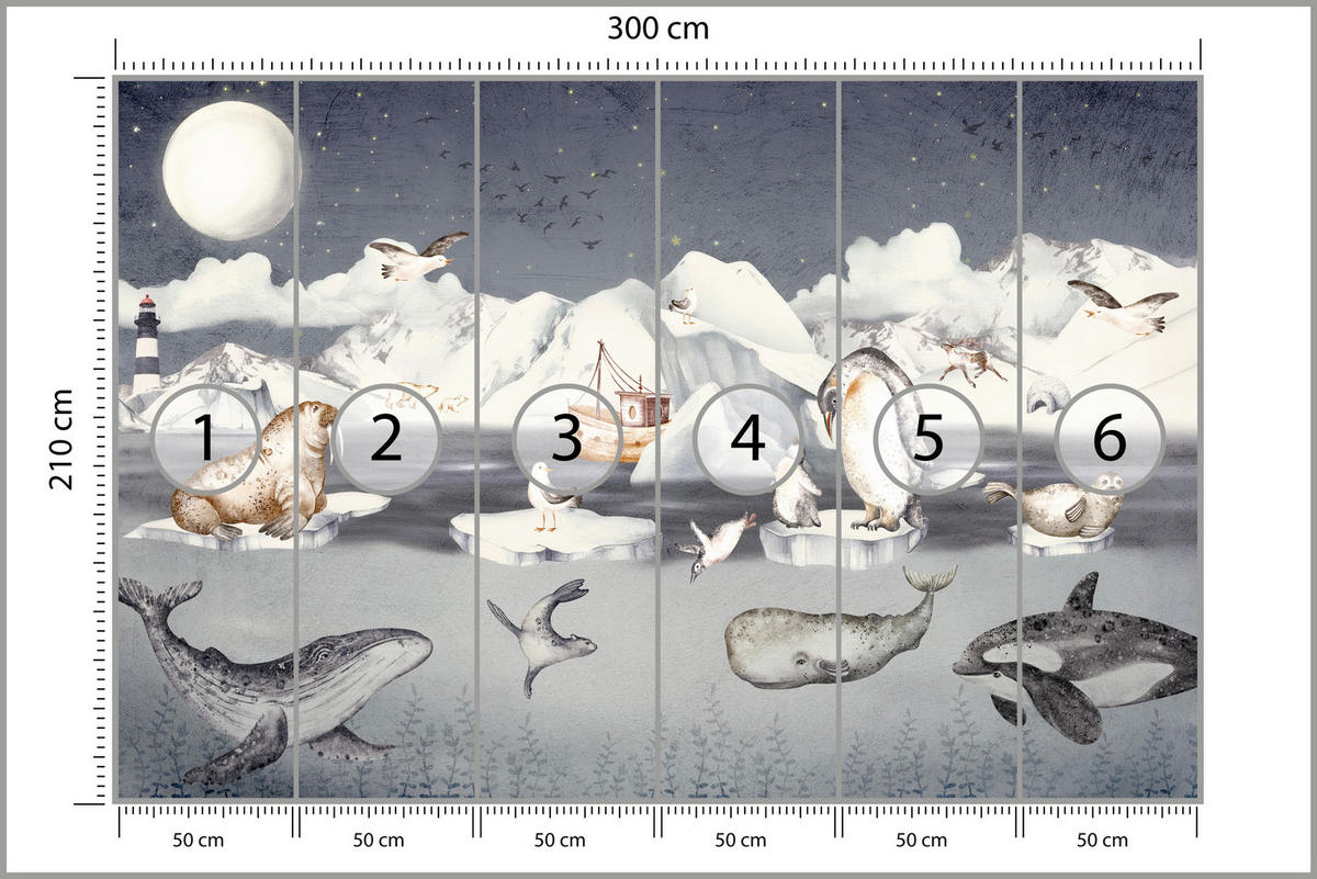 FOTOTAPETE für Kinderzimmer Arktische Tiere Pinguine Robben Mond Gebirge 300x210 - Orange/Weiß, Papier (300/210cm) - Muralo