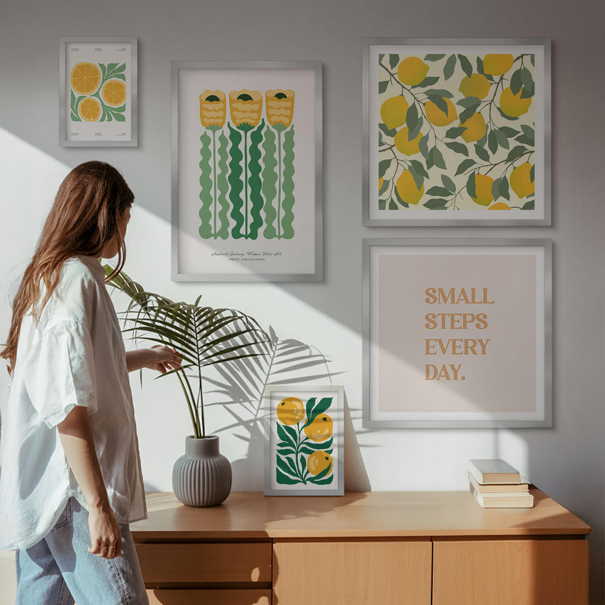 BILDER SET 5er Set - 50x50 cm & 20x30 cm & 40x60 cm Silberner Rahmen - Pflanzenmuster mit Blumen - Silberfarben, Kunststoff (40/60cm) - TULUP