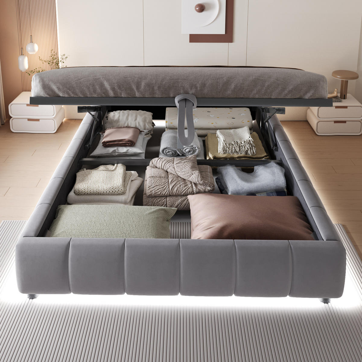 POLSTERBETT 140/200 cm Grau ohne Kopfteil mit Stauraum und LED-Beleuchtung - Grau, Textil (140/200cm) - Flora Grace