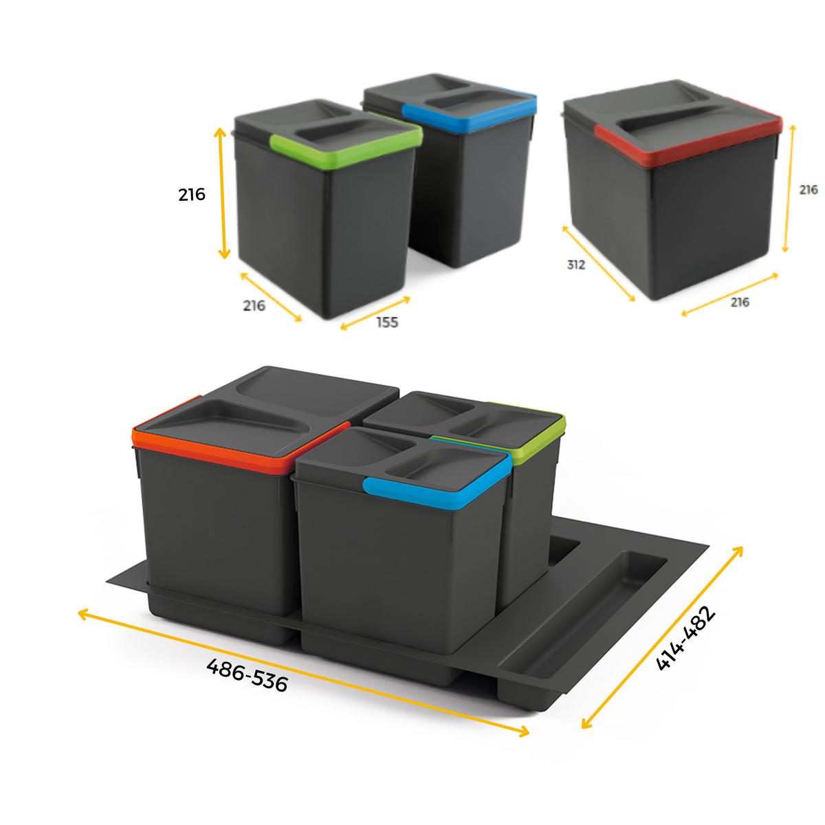 RECYCLINGBEHÄLTER für Küchenschublade mit Boden, Höhe 216mm, 1x12Liter, 2x6Liter, Modul 600mm, Kunststoff Anthrazitgrau 3er-set - Anthrazit, Kunststoff (53/30/56cm) - EMUCA