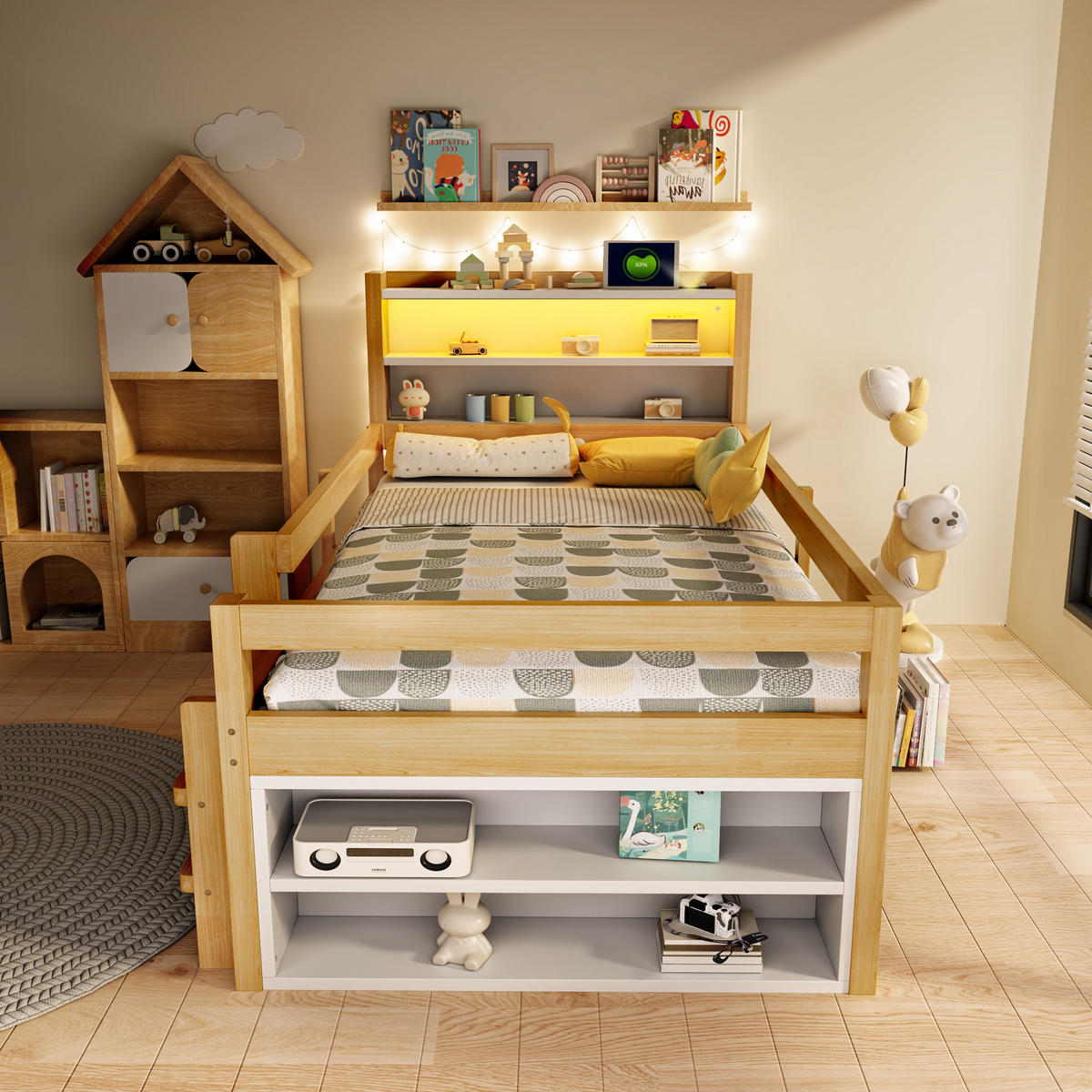 HOCHBETT 90/200 cm in Naturholz mit Ablageflächen, Staufächern, Schiebetüren, LED und USB - Naturfarben, Holz/Holzwerkstoff (90/200cm) - WISHDOR