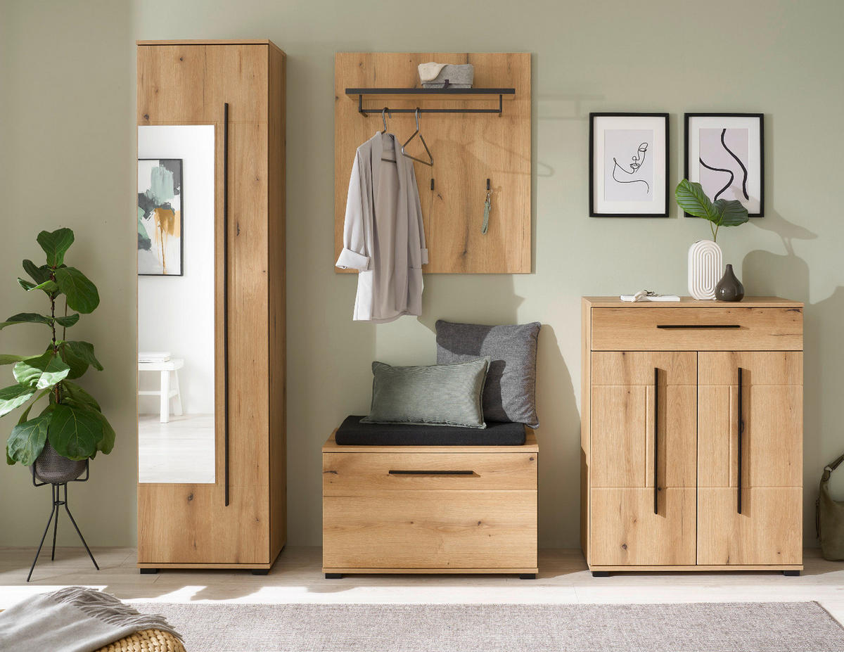 KOMPKATGARDEROBE Evoke Eiche 111 x 200 cm, Garderobe mit Soft-Close - Eichefarben/Schwarz, Holzwerkstoff/Kunststoff (111/200/37cm) - Furn.Design