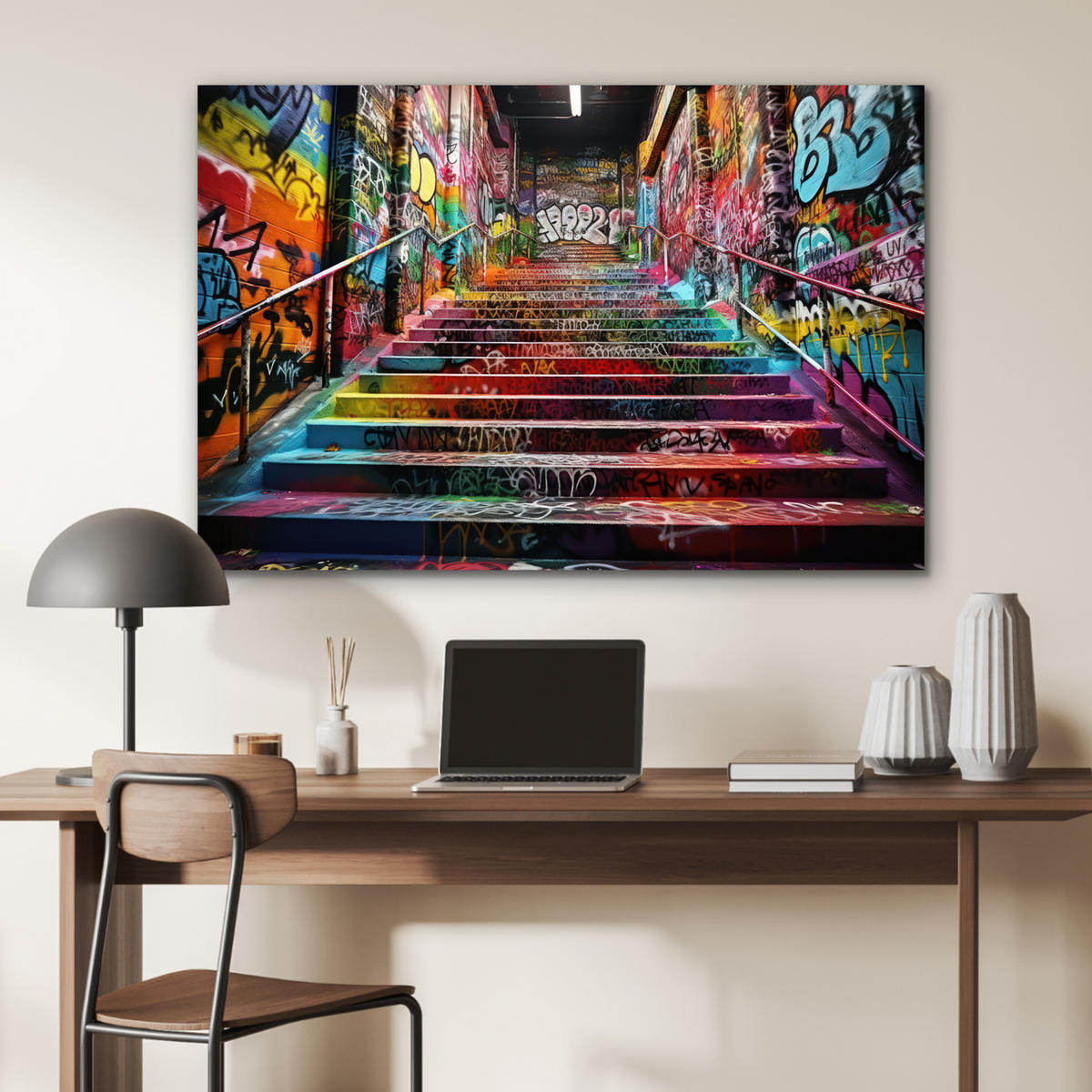 METALLBILD Treppe - Graffiti - Farben - Kunst 90x60 cm - Multicolor, Metall (90/60cm) - MuchoWow