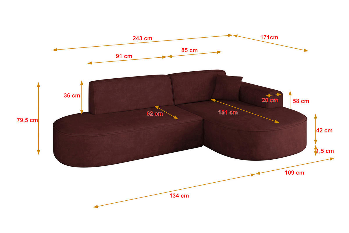 ECKSOFA Ottomane Rechts MARI-L1 - 243x171x79 cm Bordeaux Velours - Bordeaux/Schwarz, Holzwerkstoff/Kunststoff (171/243cm) - ALTDECOR