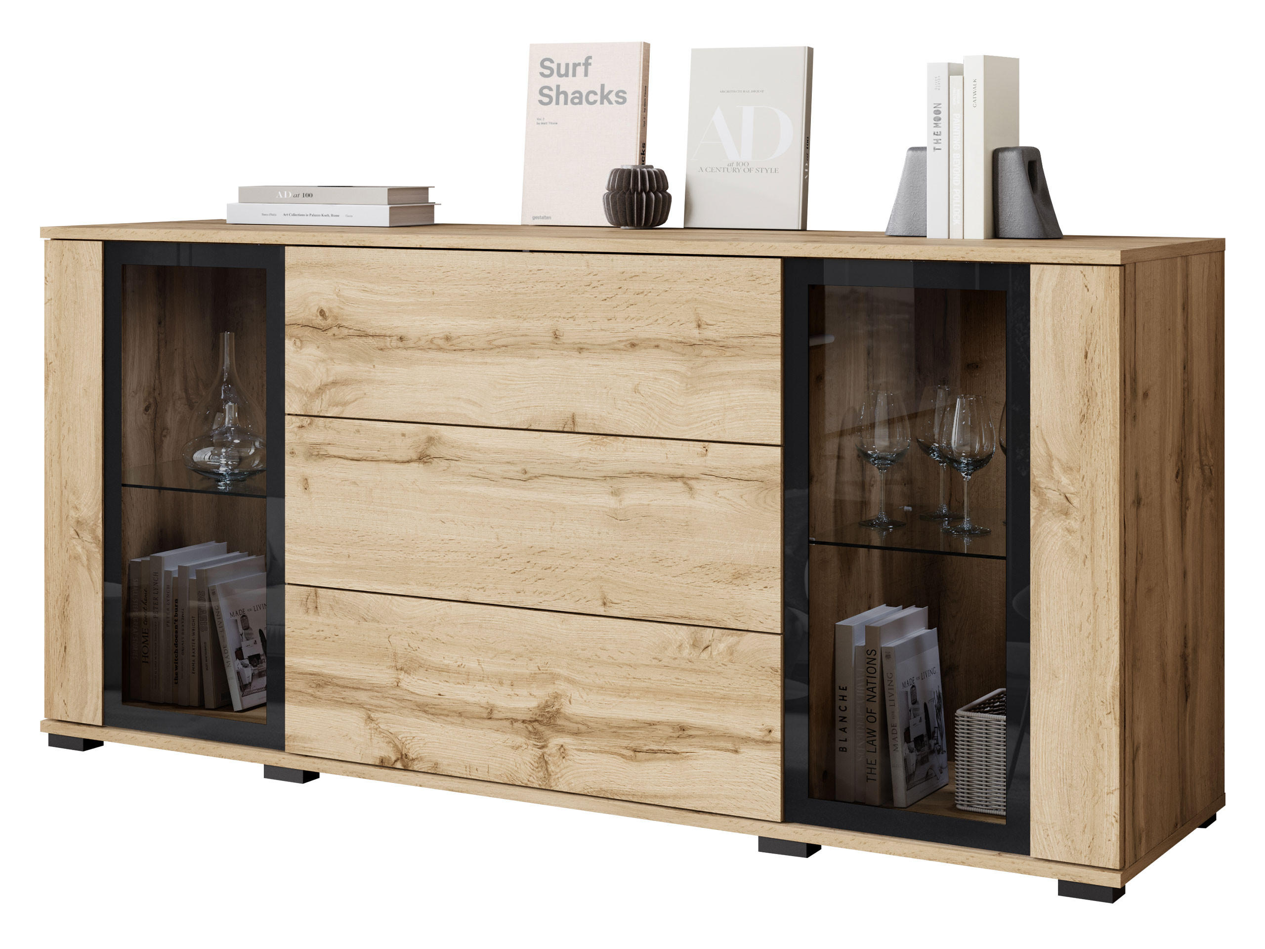 SIDEBOARD Caro SB 150 2D3S - Eiche Wotan/Schwarz, Holzwerkstoff/Kunststoff (150/70/40cm) - MIRJAN24