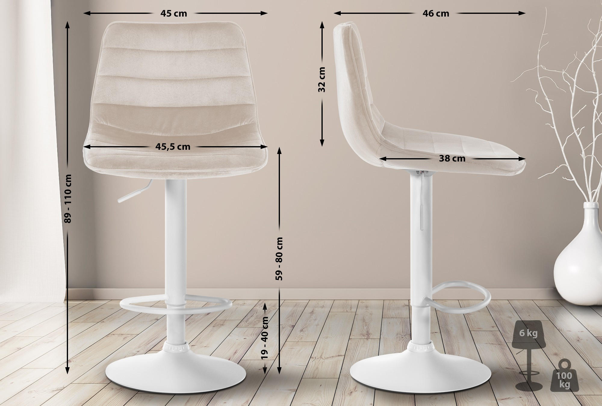 BARHOCKER Samt creme - Creme/Weiß, Textil/Metall (45/89/46cm) - CLP