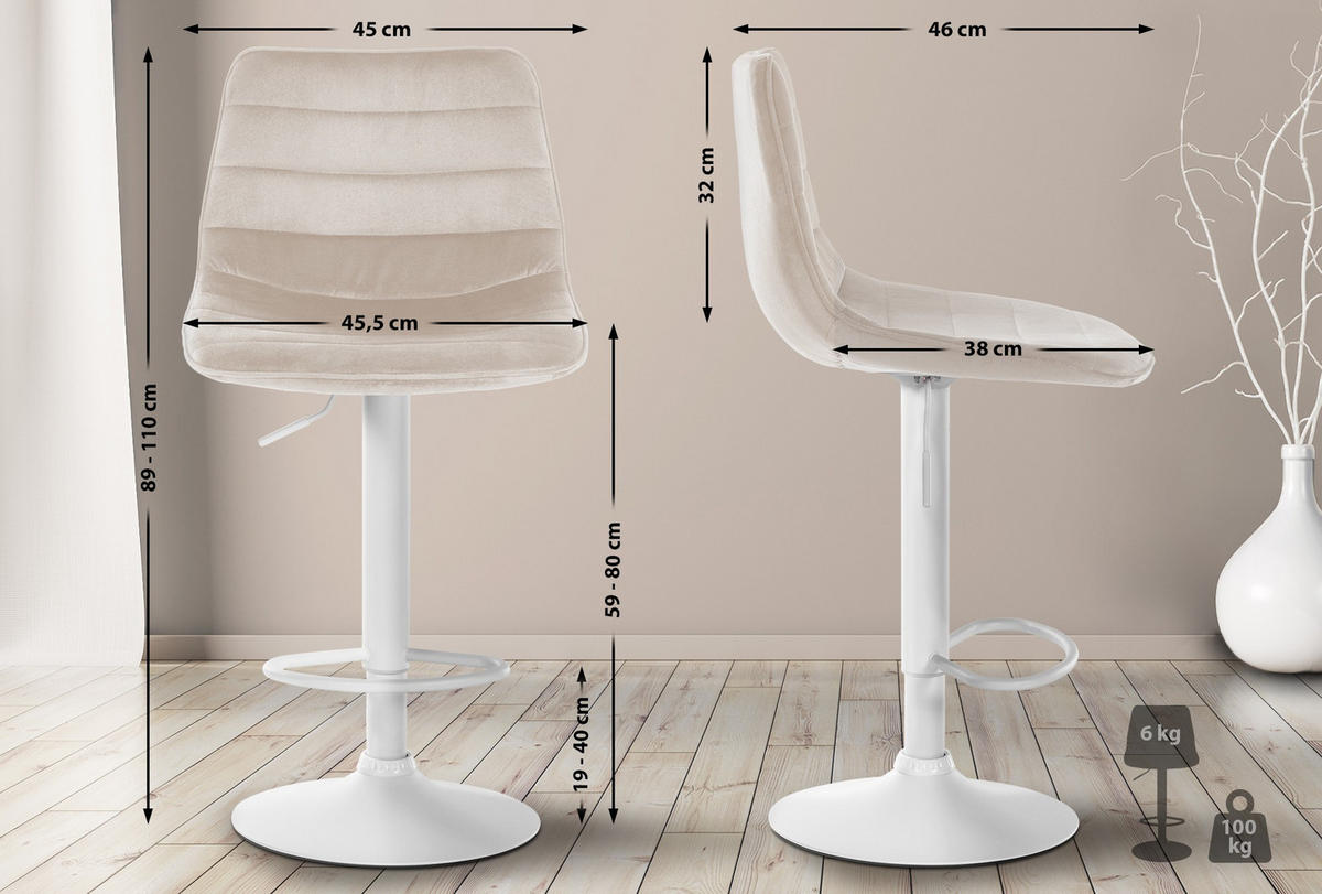 BARHOCKER Samt creme - Creme/Weiß, Textil/Metall (45/89/46cm) - CLP