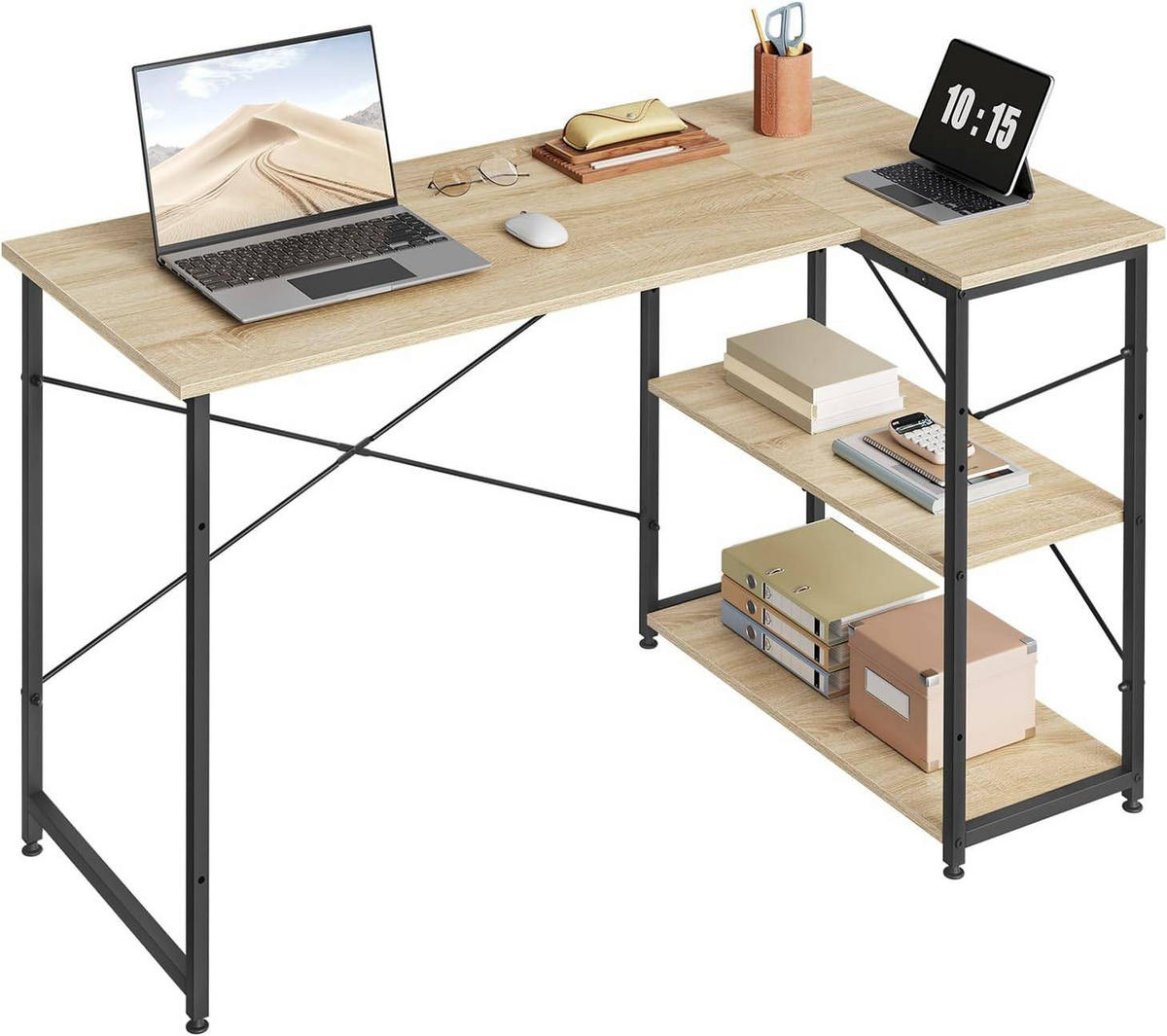 SCHREIBTISCH mit 2 Ablagen,120x73x72 cm, Helle Eiche - Eichefarben, Holzwerkstoff/Metall (72/120/72.5cm) - Woltu