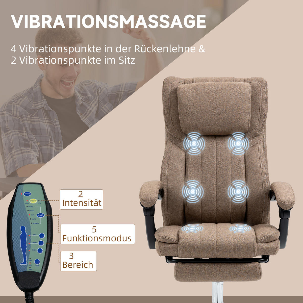 BÜROSTUHL mit Massagefunktion, Ergonomischer Schreibtischstuhl mit Liegefunktion - Braun, Kunststoff (61/118/65cm) - Vinsetto